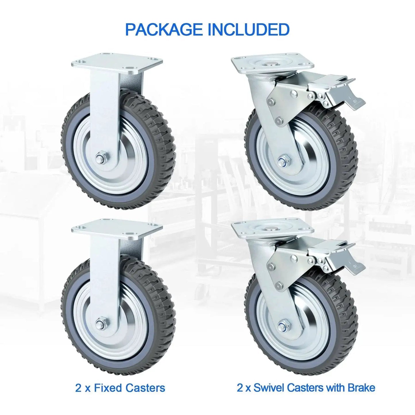 8 Inch Heavy Duty Caster Wheels Set With 2 Braked Swivel Casters And 2 Fixed Industrial Plate Casters Total Capacity 3500 Lbs 1600 Kg For Workbenches Carts Trolleys And Warehouse Equipment showing two fixed casters and two swivel casters with brakes in package included view.