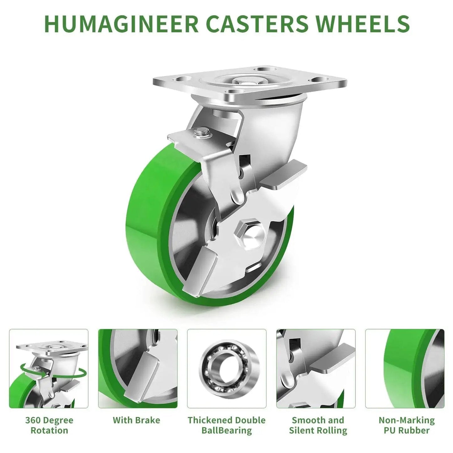 5 Inch Heavy Duty Industrial Grade Caster Set Of 4 With Brakes Swivel Wheels With Aluminum Core PU Maintenance Free Design