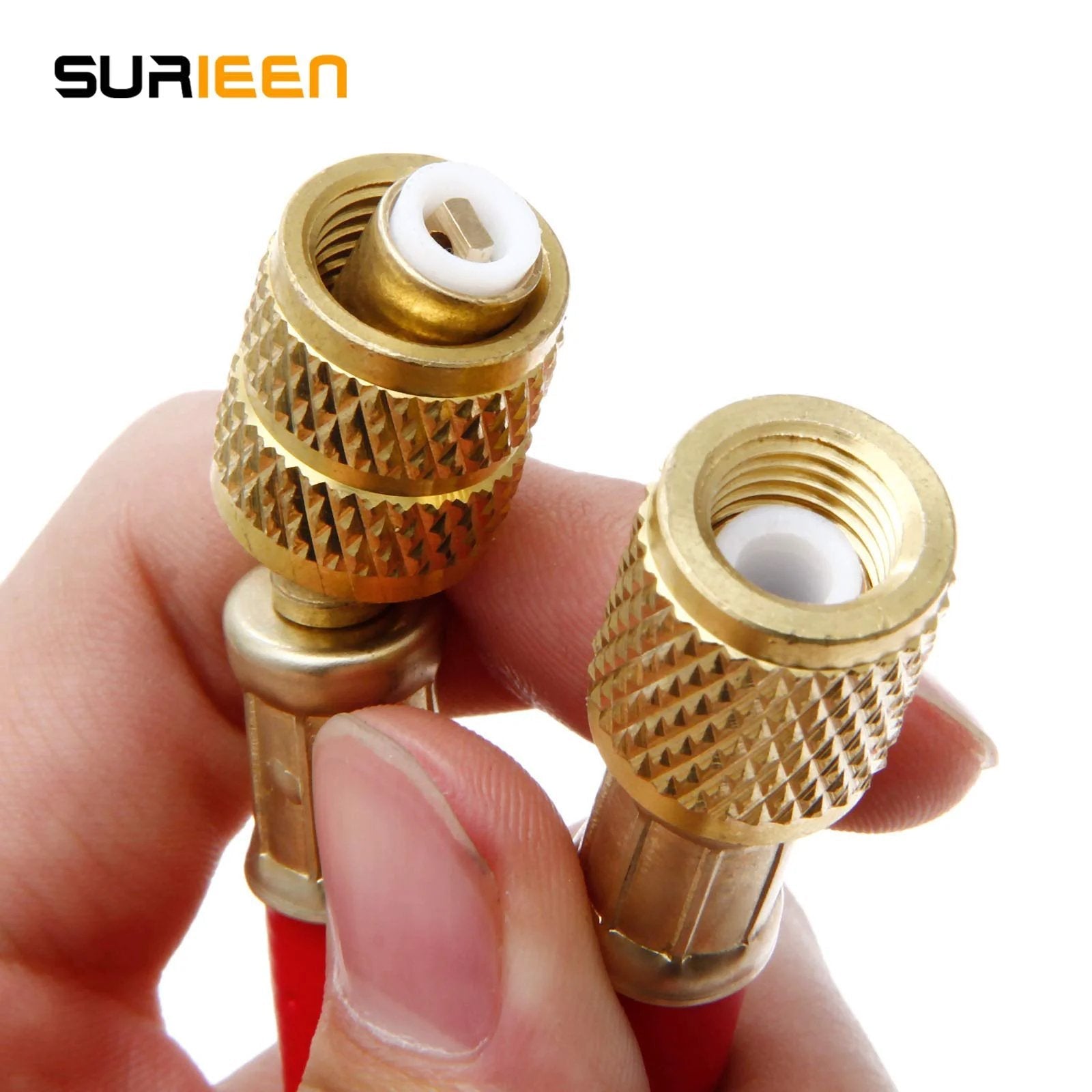 Close-up of brass connectors on R410A Refrigerant Charging Hoses Set Surieen 60 Inch 1 Quarter SAE To 5 Sixteenth SAE