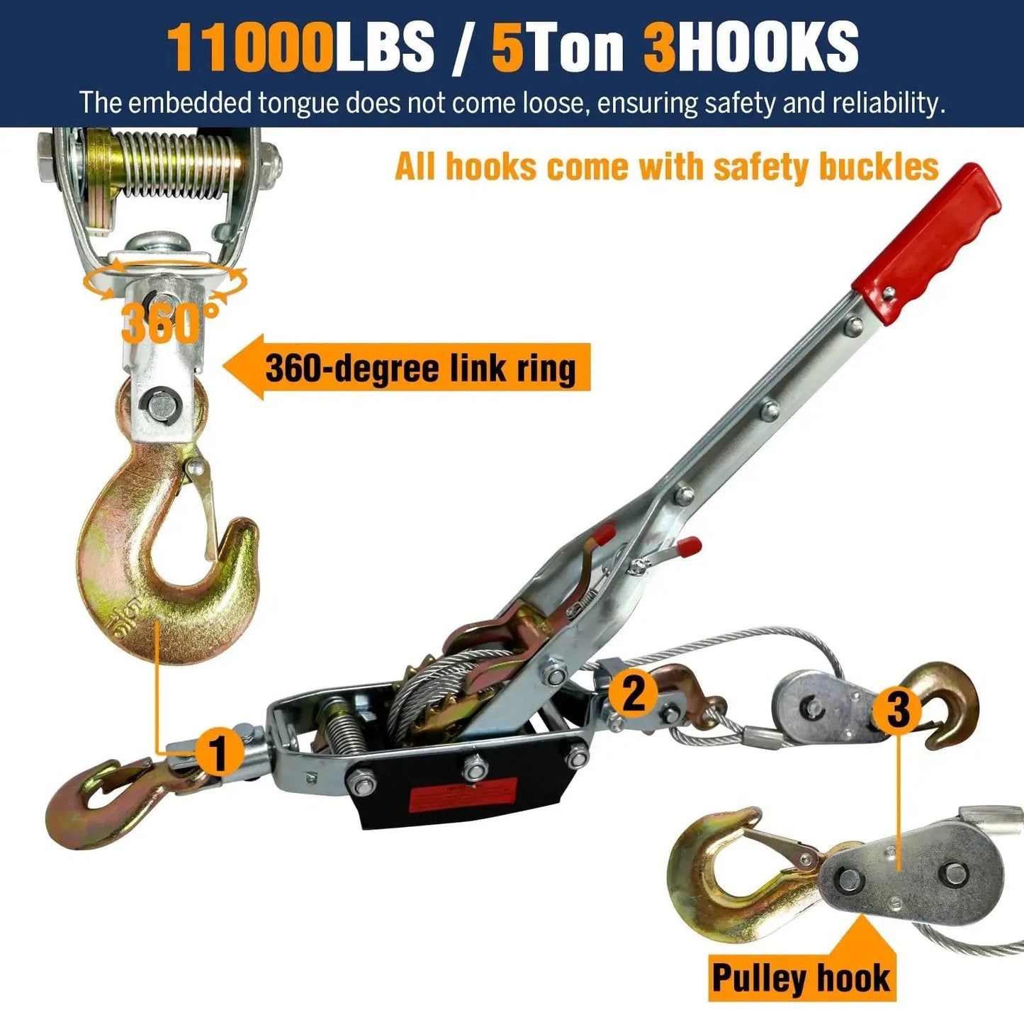 5 Ton Come Along Winch With Dual Gear Ratchet For Vehicle Recovery 12ft Cable with hooks and ratchet mechanism visible
