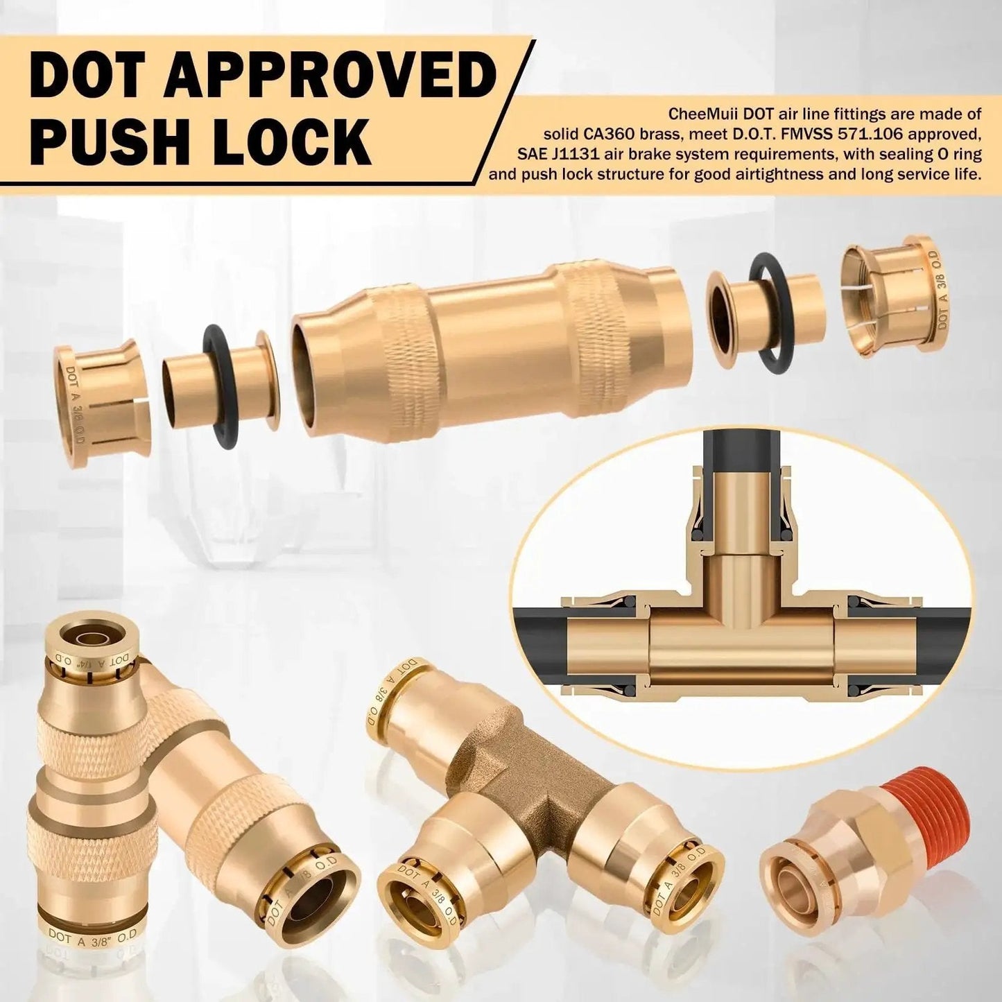Brass DOT Air Line Fittings Kit 136 Piece Set with push lock quick connect fittings for air hose, includes various sizes and tees.