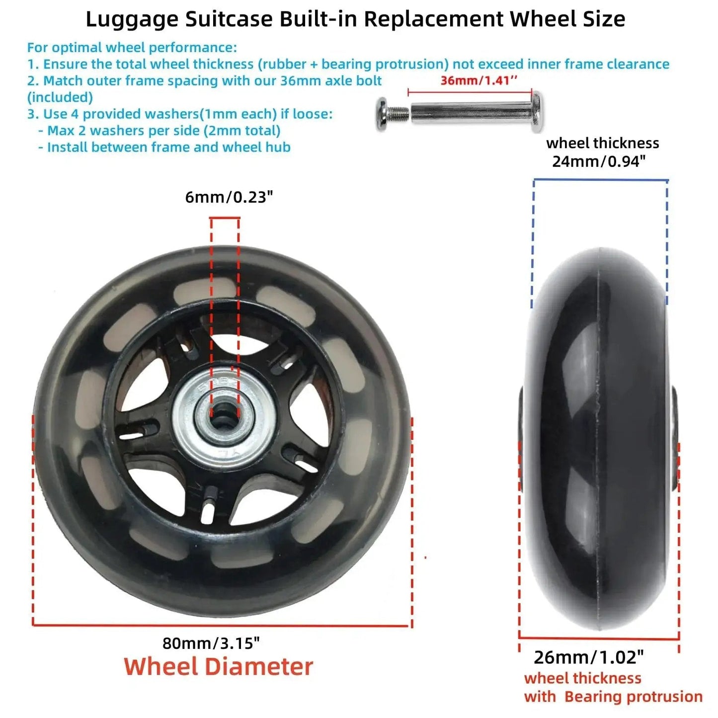 80mm PU Replacement Luggage Wheels with ABEC-7 Bearings for Suitcases, Duffel Bags, Trolley Bags, Inline Skates and Caster Boards