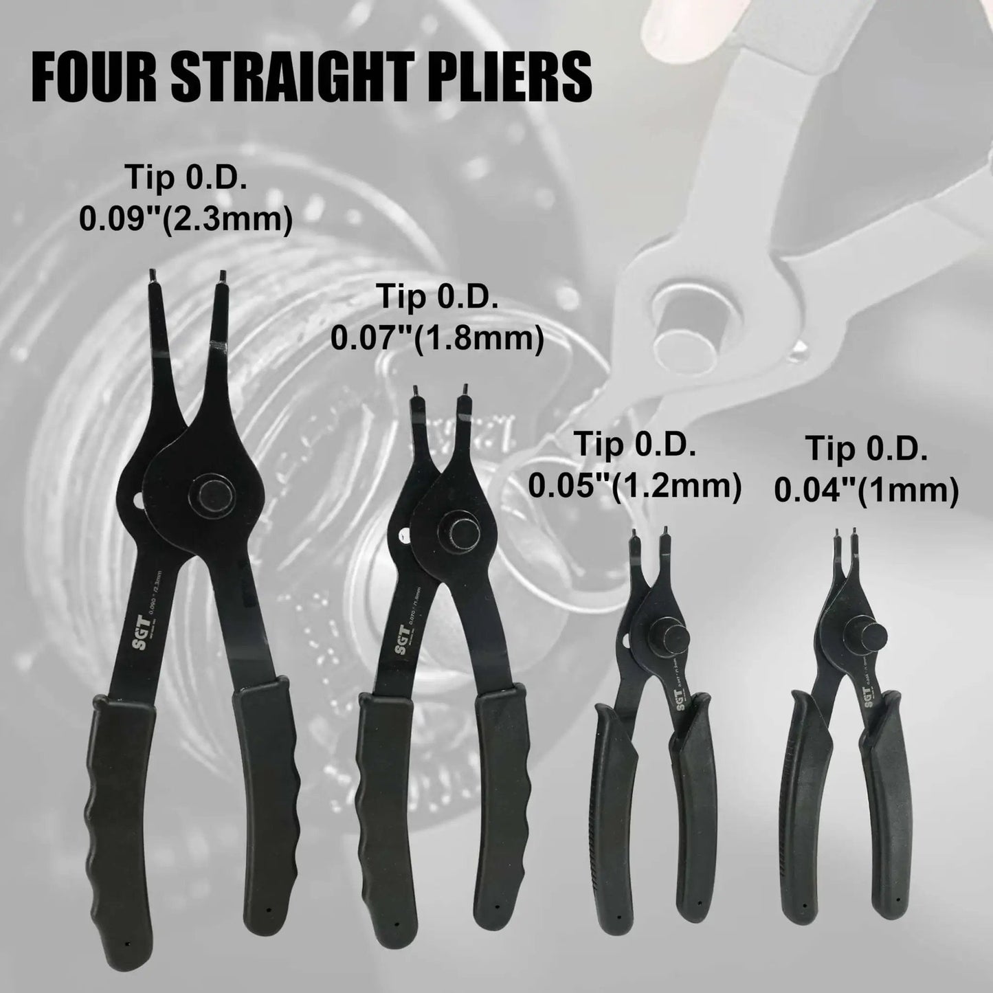 Four straight pliers from 14 Piece Snap Ring Pliers Set With Internal And External Circlips Pliers Including 45 Degree Bent 90 Degree Bent And Straight Pliers Hook And Pick Pro Grade Heavy Duty Removal Tool With Storage Case And Gloves For Easy Ring Removal showing varying tip diameters