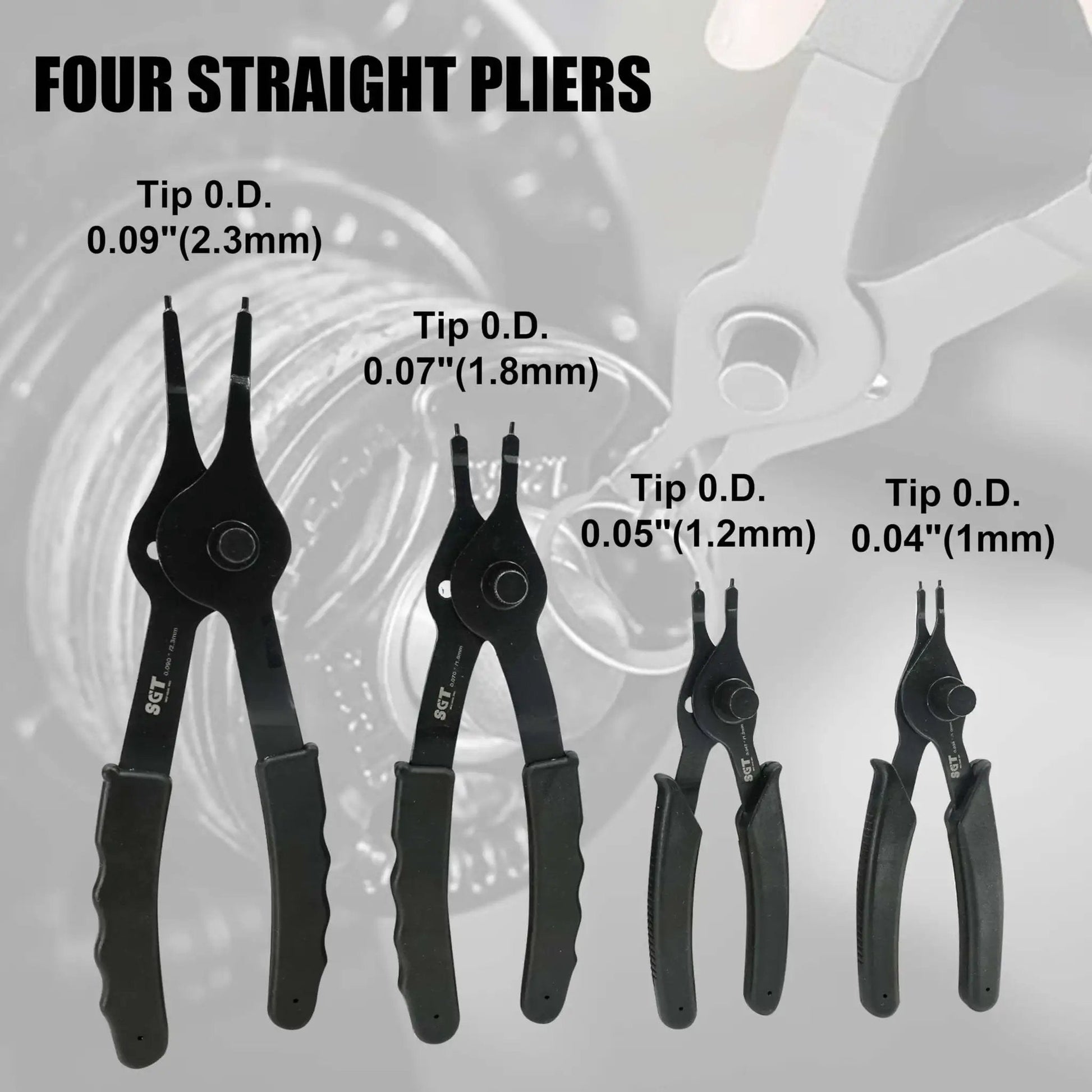Four straight pliers from 14 Piece Snap Ring Pliers Set With Internal And External Circlips Pliers Including 45 Degree Bent 90 Degree Bent And Straight Pliers Hook And Pick Pro Grade Heavy Duty Removal Tool With Storage Case And Gloves For Easy Ring Removal showing varying tip diameters