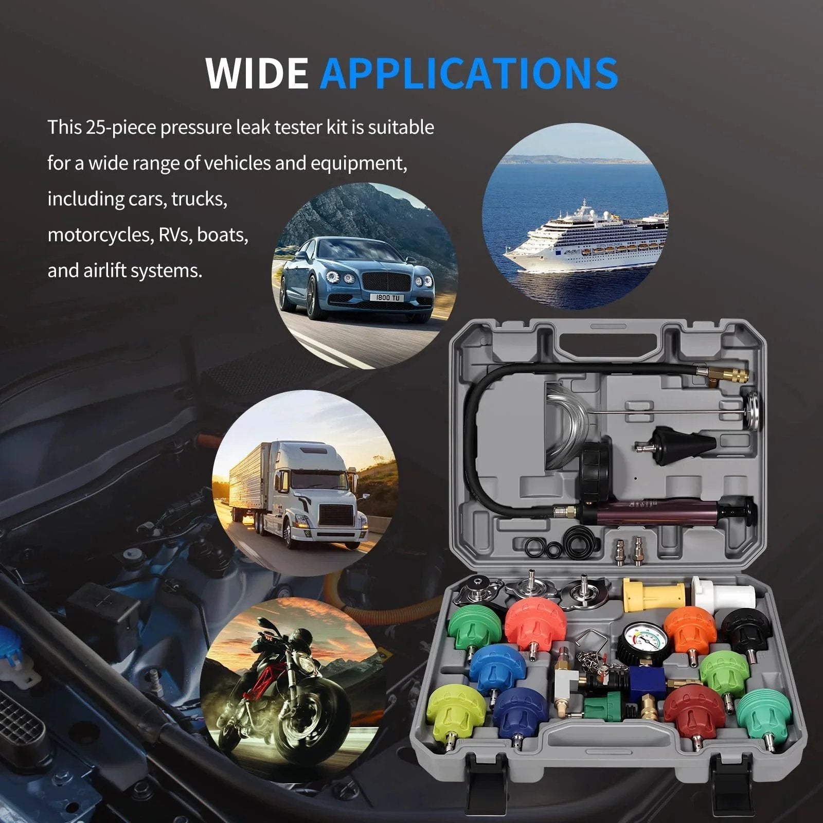 Pro Grade All In One 25 Piece Coolant Pressure Tester Kit With Vacuum Purge And Refill Tool displayed with automotive icons