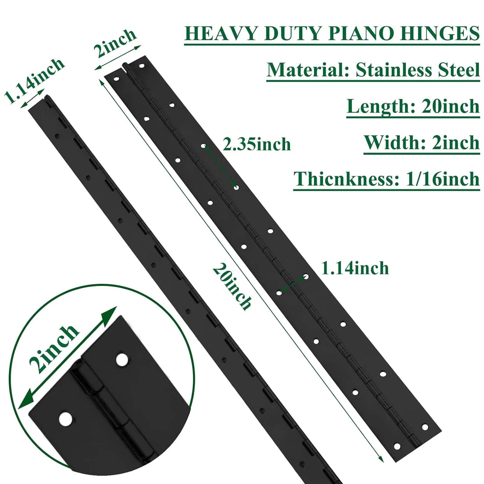 Heavy Duty Piano Hinge Set 2 Pack 2 In Open Width By 20 In Long 0.06 In Thick Stainless Steel With Holes Black Hinges