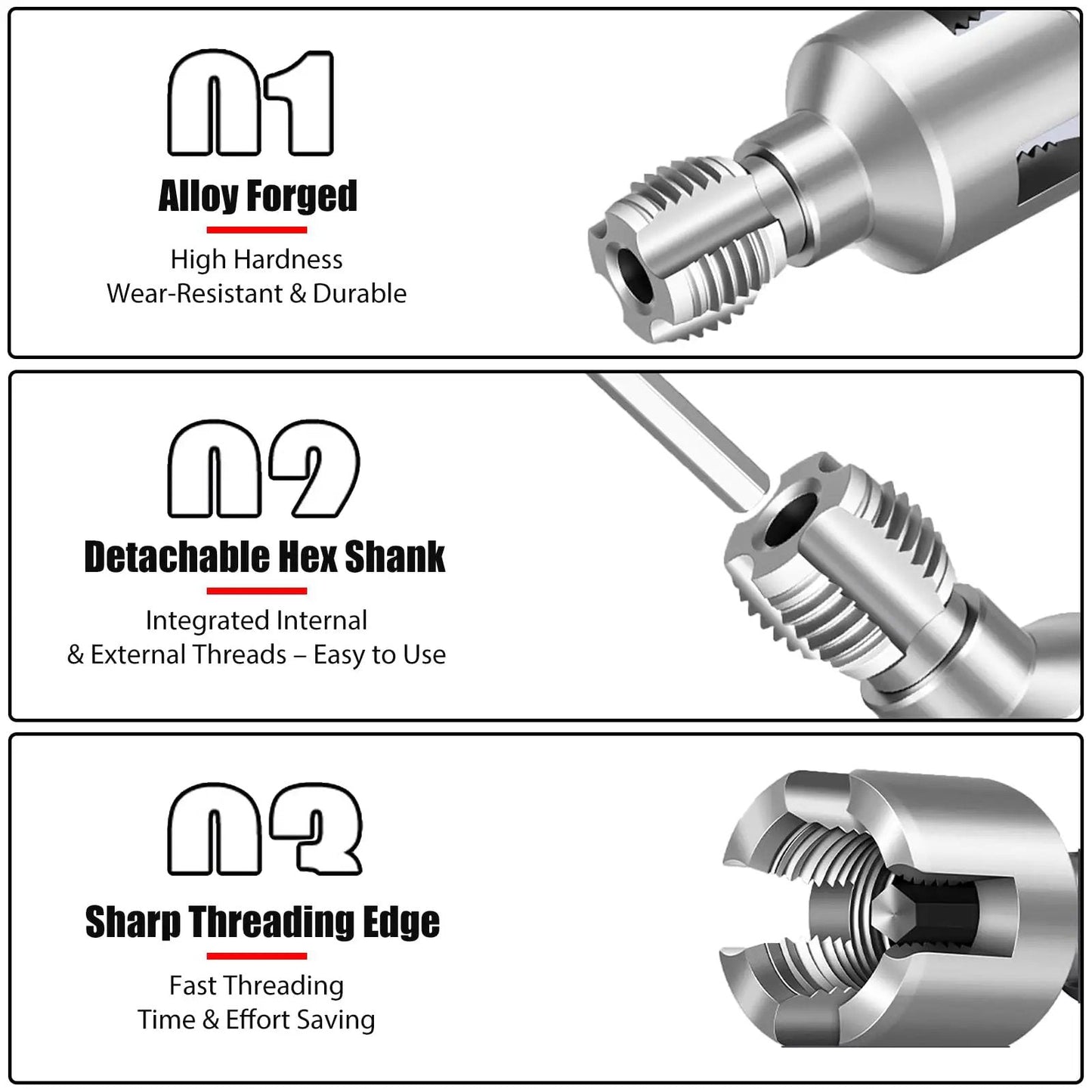 Close-up of Pro Grade PPR Pipe Threading and Reaming Tool Kit for Plumbing Projects, highlighting alloy, hex shank, threading edge.