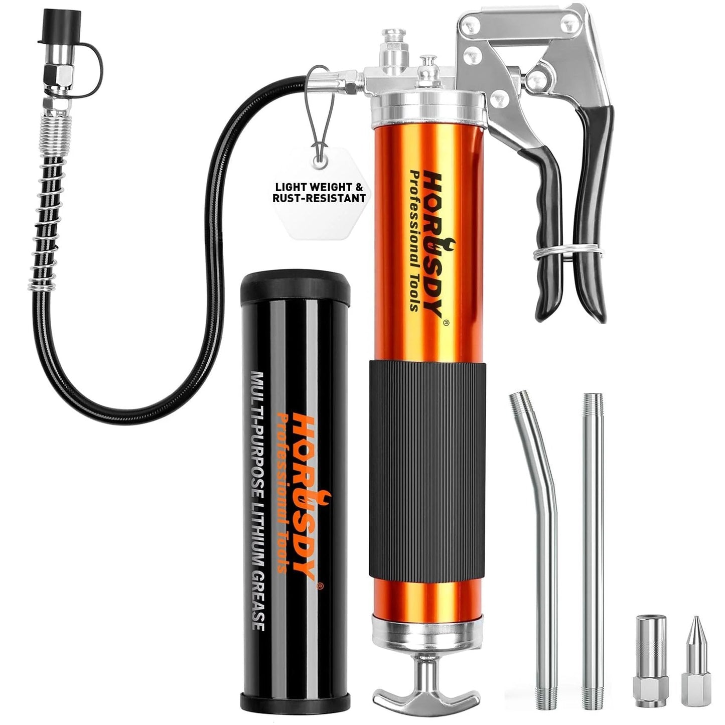 Heavy Duty Grease Gun Kit With 14oz Tubes, 7000 PSI High Pressure, 18 Inch Spring Flex Hose, 2 Working Couplers, 2 Extension Rigid Nozzles, 1 Sharp Nozzle Included, Lightweight Aluminum Build, Rust Resistant For Tough Farm And Shop Use From HORUSDY