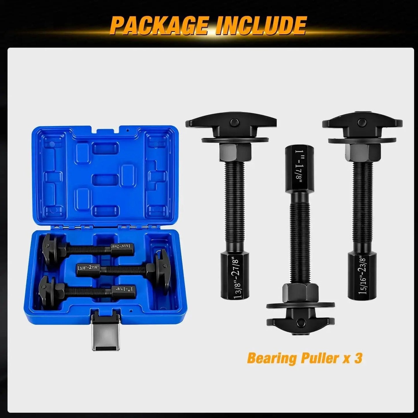 Rear Axle Bearing Puller Set With Three Sizes 1 Inch To 1-7/8 Inch, 1-5/16 Inch To 2-3/8 Inch, And 1-3/8 Inch To 2-7/8 Inch in a blue case