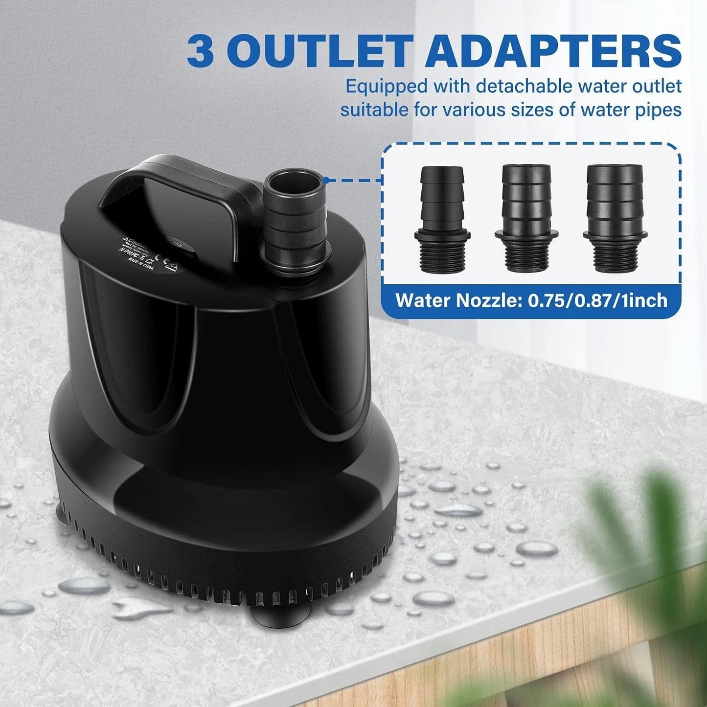 Bottom Suction Submersible Pump 800 GPH 60W with 9.8 ft lift and 3 nozzles for aquarium use, showing outlet adapters