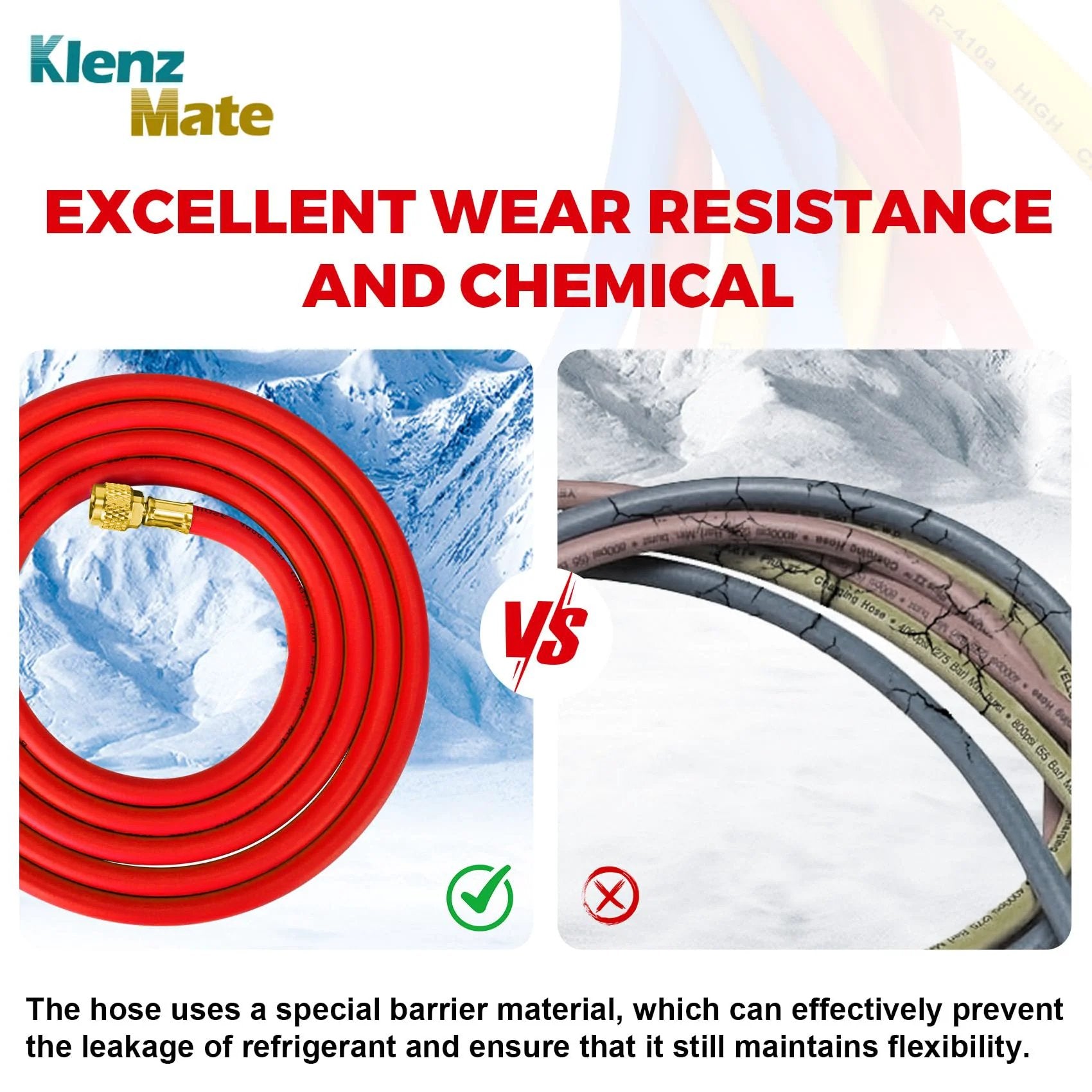 Heavy Duty Refrigerant Charging Hose Set With Color Coded Hoses In Yellow Red And Blue, 96 Inch Long, Standard One Quarter Inch Flare Fittings On Both Ends, Compatible With R410A R134A R22 And Most Common Refrigerants For Fast Recovery And Evacuation. Image showing a flexible red hose with protective coating, compared to other worn hoses, highlighting wear resistance benefits.