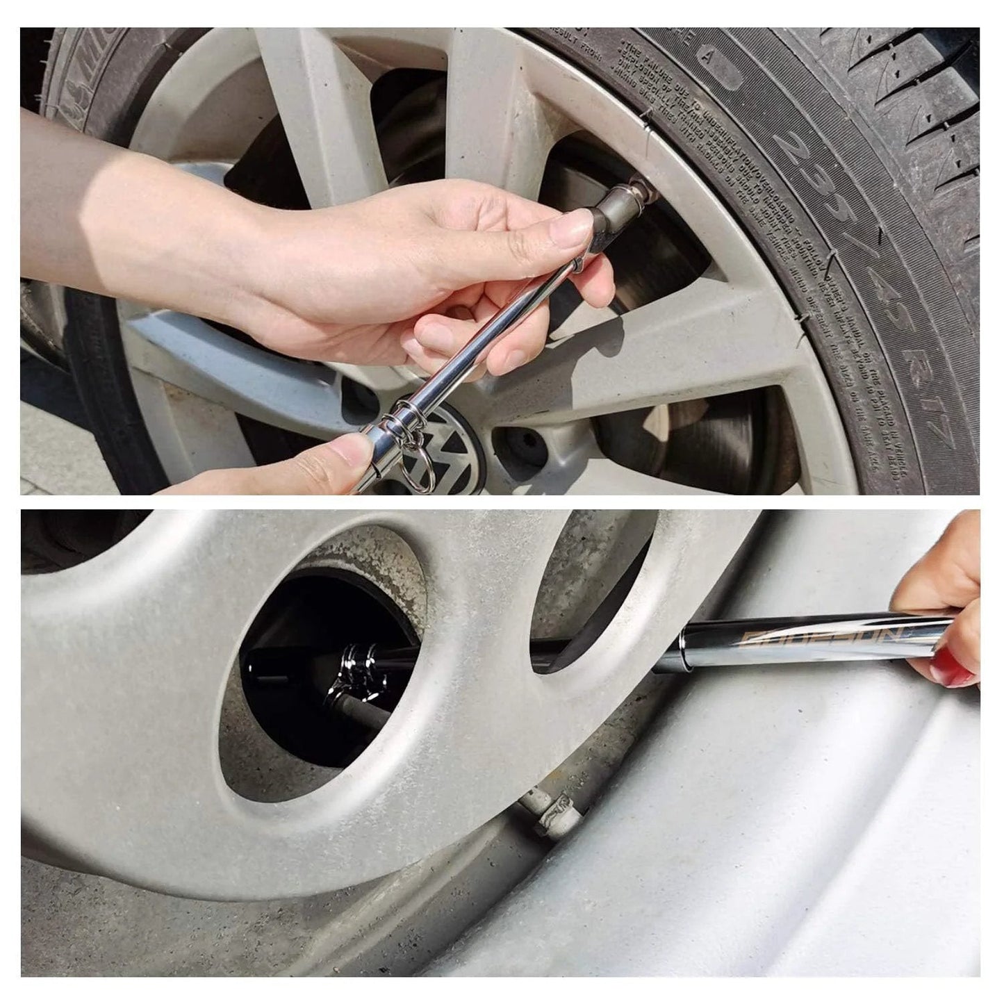 Dual Head Tire Pressure Gauge Pack of 2 Godeson Heavy Duty 10 to 150 PSI and 1 to 10 Bar being used on car tire
