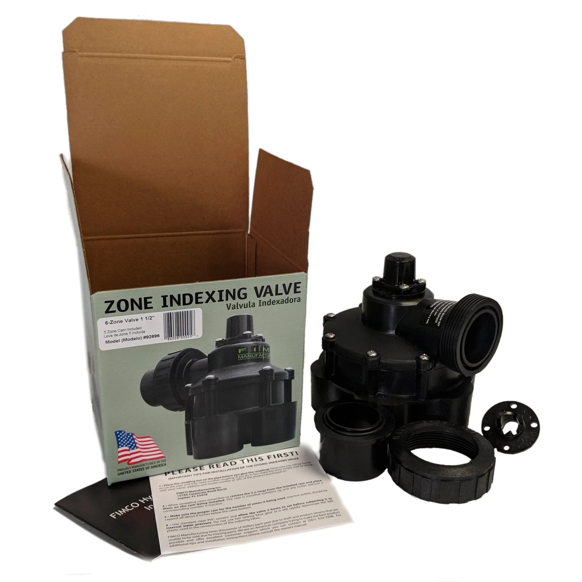 One And A Half Inch 6 Outlet Standard Hydro Indexing Valve For Irrigation Systems With 5 And 6 Zone Cams FIMCO Ideal For Lawn And Landscape Irrigation Heavy Duty Build Easy Install Works With Most Controllers, shown with packaging