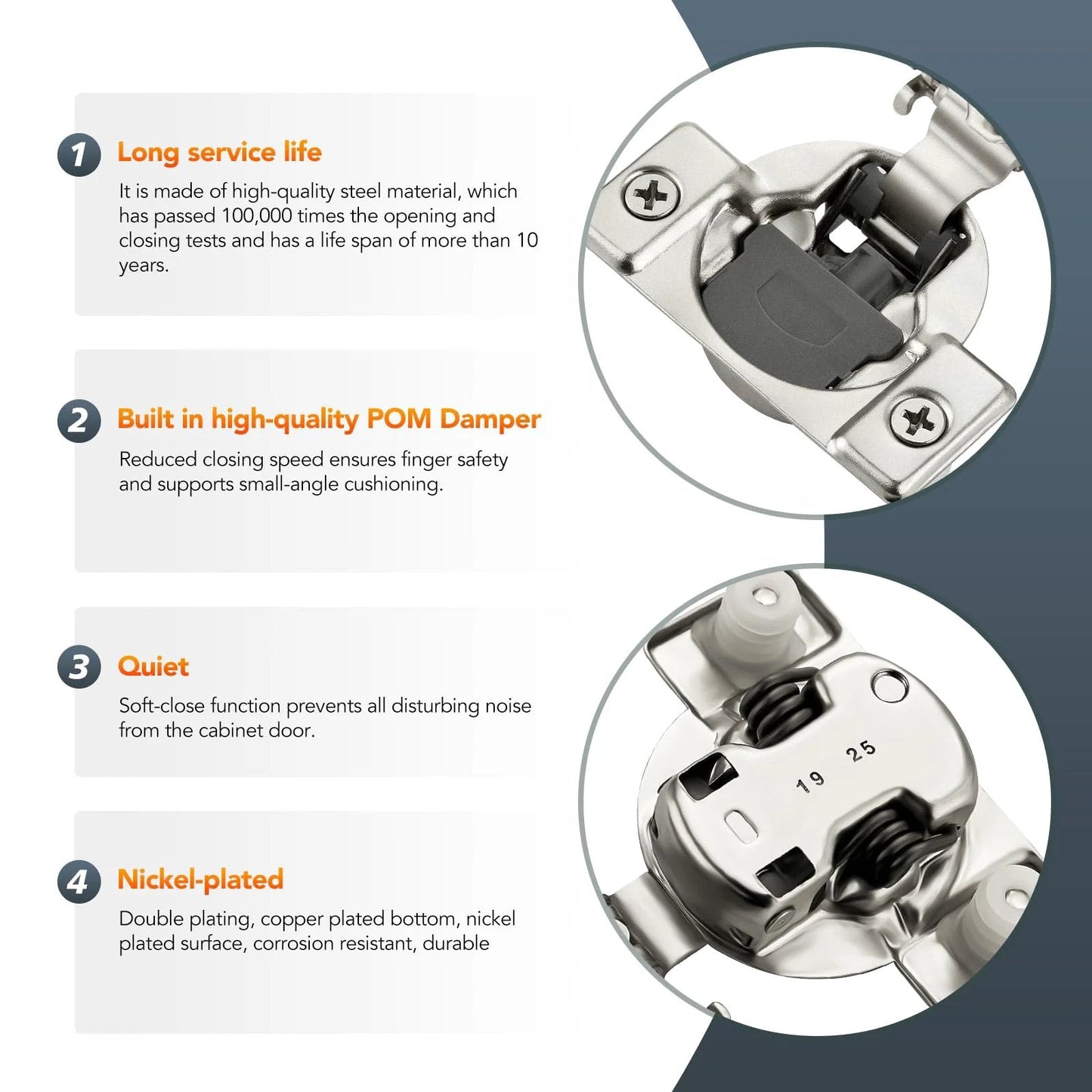 10 Pack Half Inch Overlay Soft Close Cabinet Hinges Satin Nickel Stainless Steel Concealed Hinges With 3D Self Closing