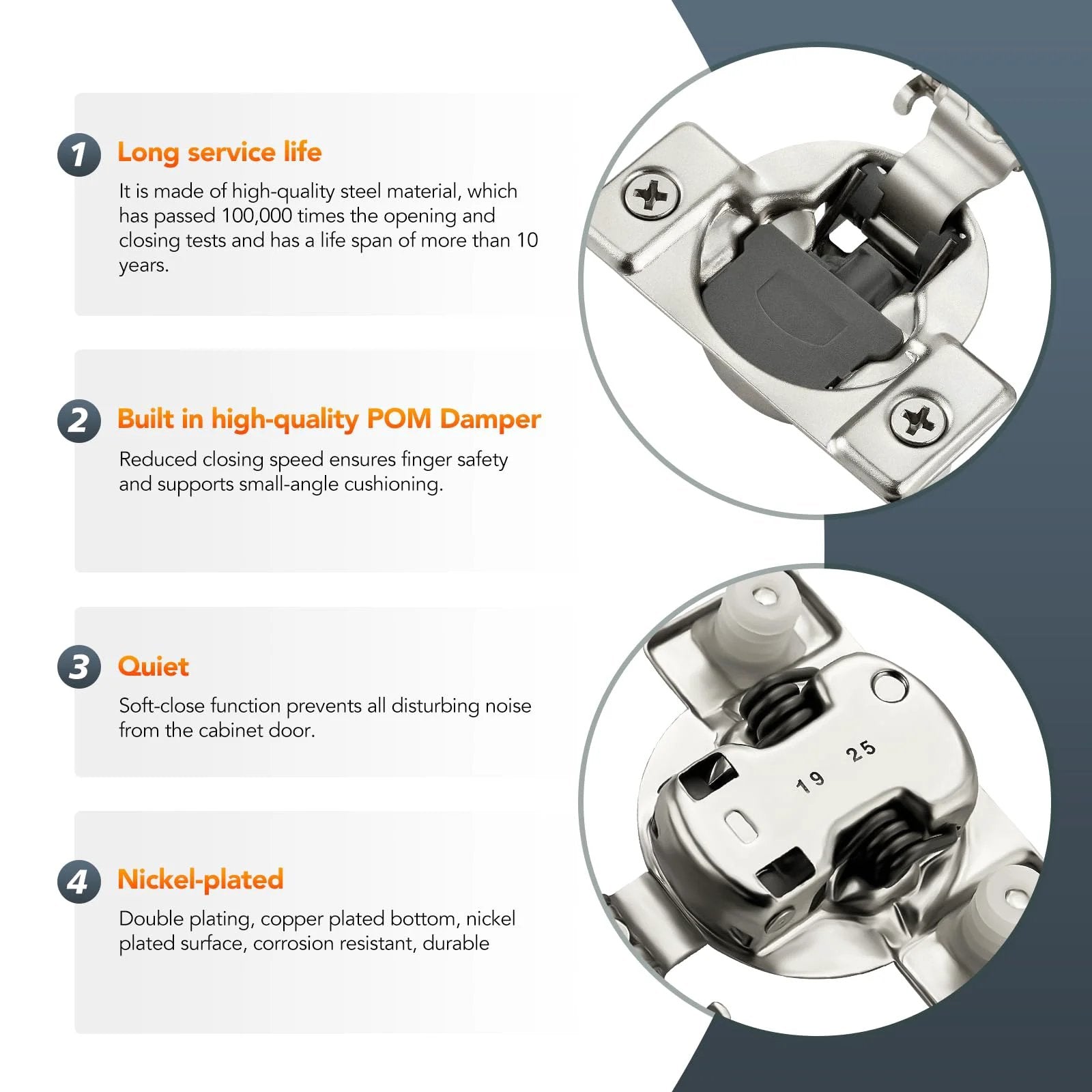 10 Pack Half Inch Overlay Soft Close Cabinet Hinges Satin Nickel Stainless Steel Concealed Hinges With 3D Self Closing