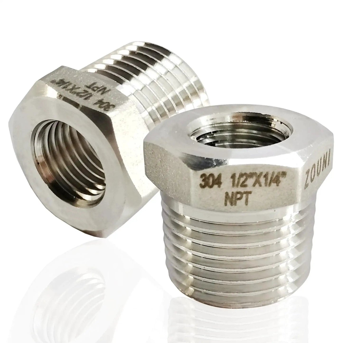 Heavy Duty 2 Pack Stainless Steel Hex Bushing Reducer 1/2 Inch MNPT To 1/4 Inch FNPT Pipe Fittings, 304 Stainless Steel