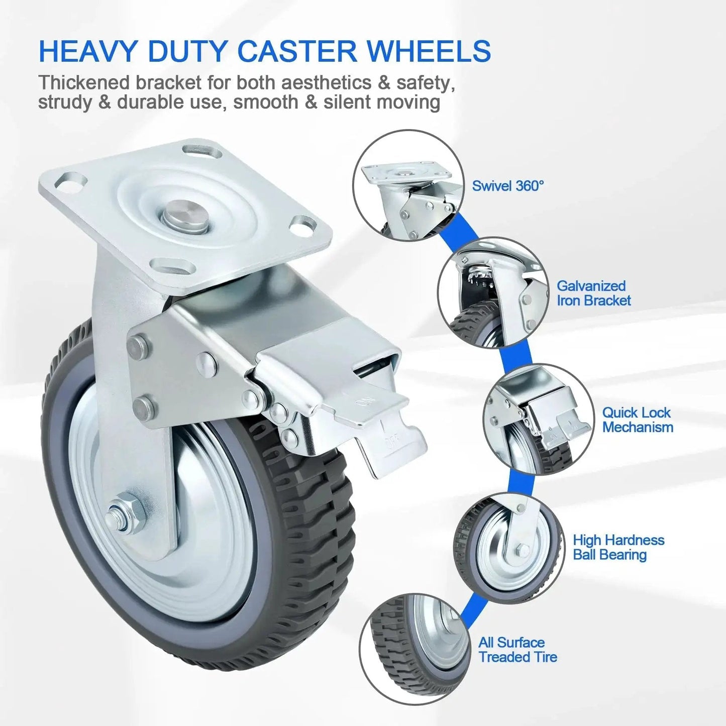 Detailed view of 8 Inch Heavy Duty Caster Wheels Set With 2 Braked Swivel Casters And 2 Fixed Industrial Plate Casters Total Capacity 3500 Lbs 1600 Kg