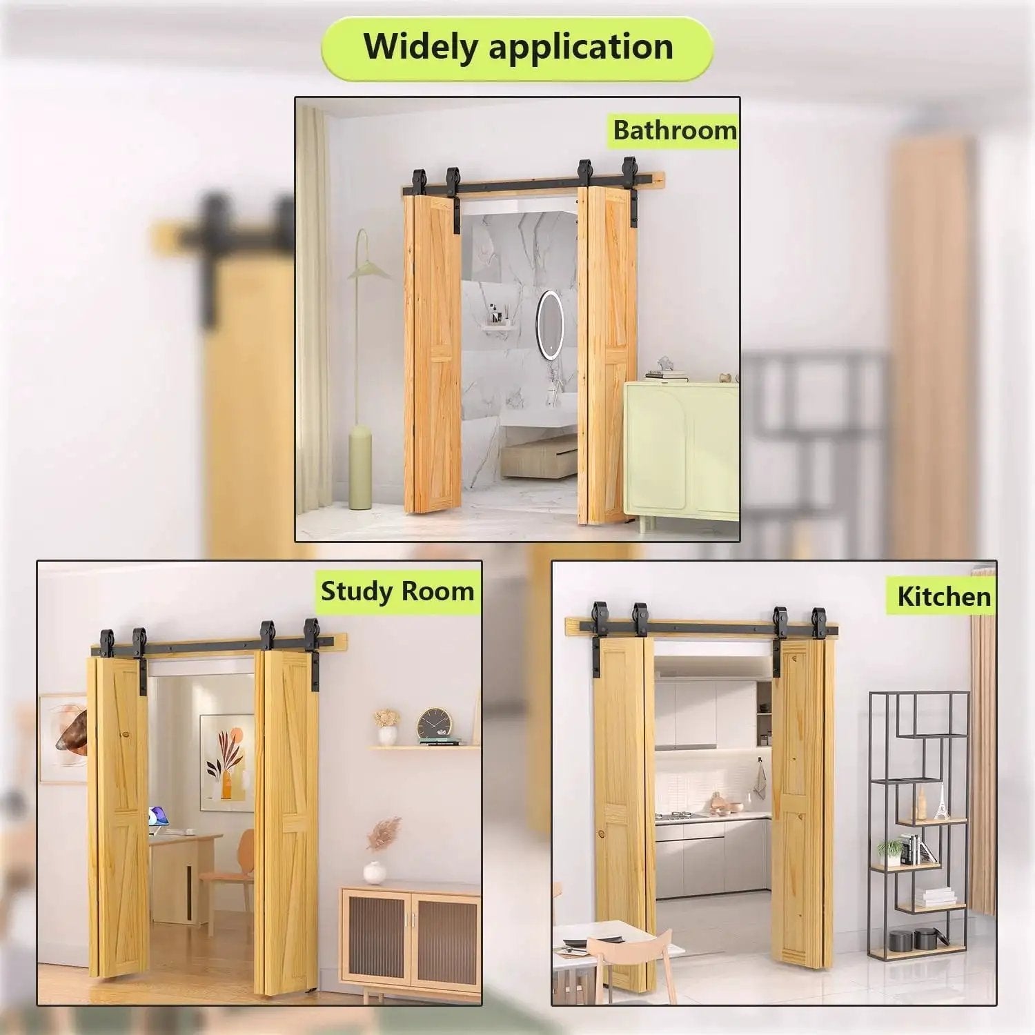 52 Inch Bifold Barn Door Hardware Kit For 4 Bifold Doors Black Finish installed in bathroom, study, and kitchen settings.