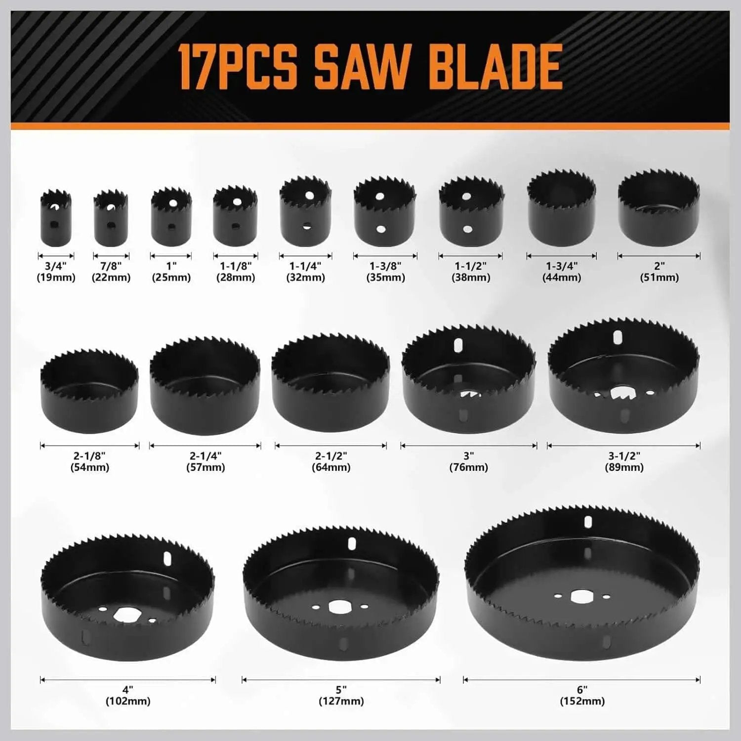 Complete 24 Piece Hole Saw Kit With 17 Blades 2 Mandrels 3 Drill Bits and Installation Plate for Drywall Wood Plastic and PVC Fast Clean Holes