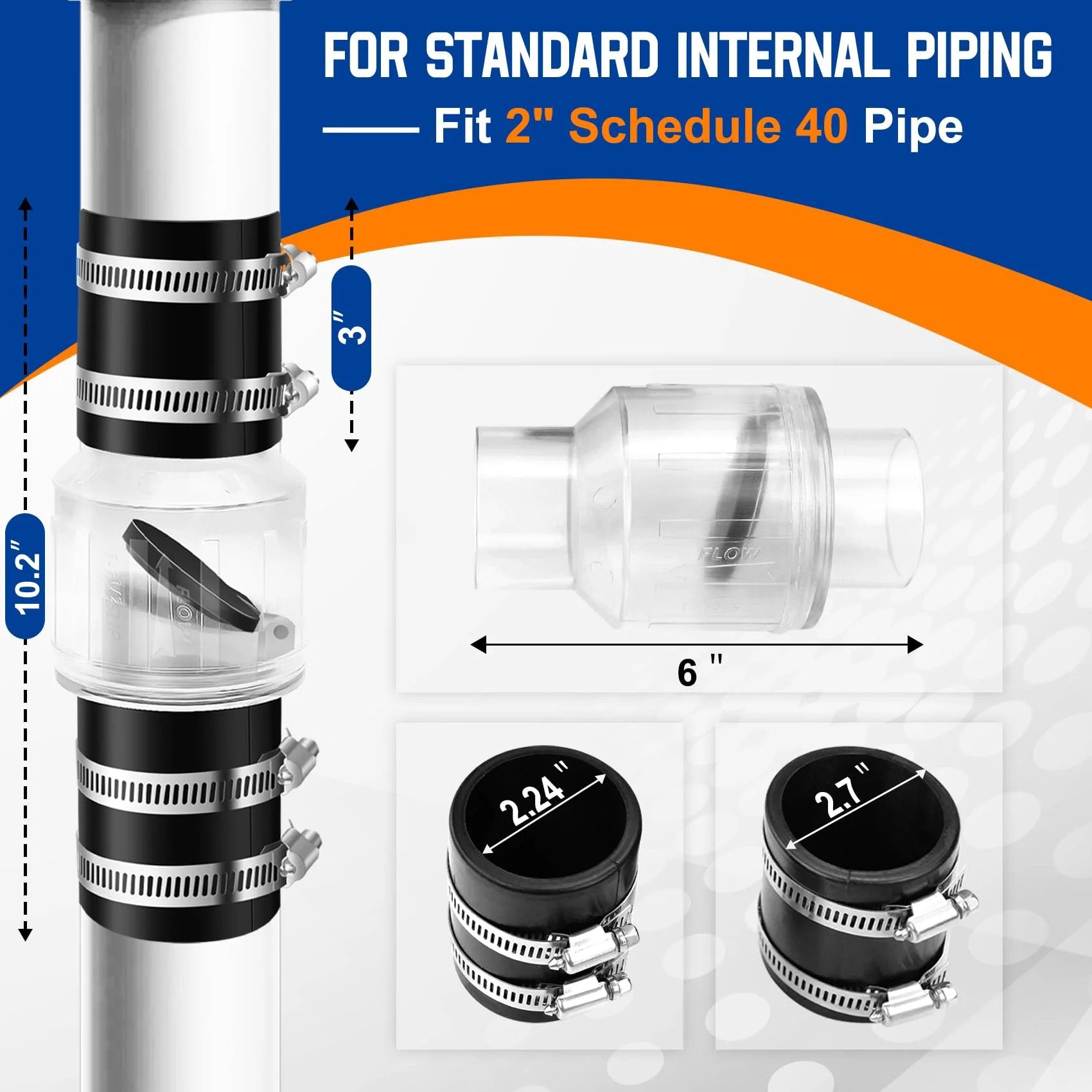 Silent Sump Pump Check Valve With Spring Loaded Flapper For Backflow Prevention And Water Hammer Reduction Fits 2 Inch Schedule 40 PVC Includes Steel Clamps For A Seven And A Quarter Inch Gap shown in installed view with dimensions.