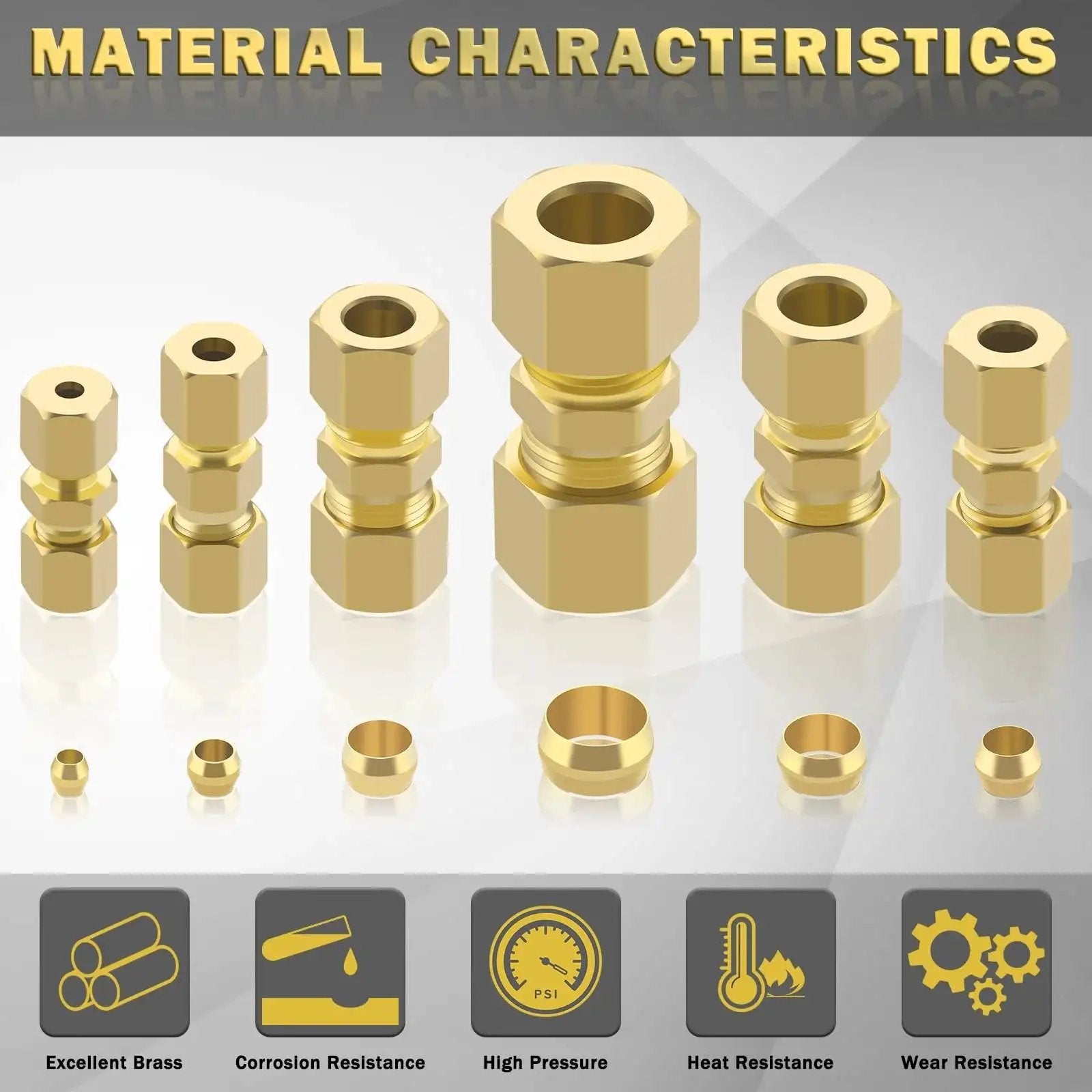 Brass Compression Tube Fittings Kit 46 Piece Set for DIY Plumbing Projects including unions, sleeves, ferrules shown with material characteristics icons.