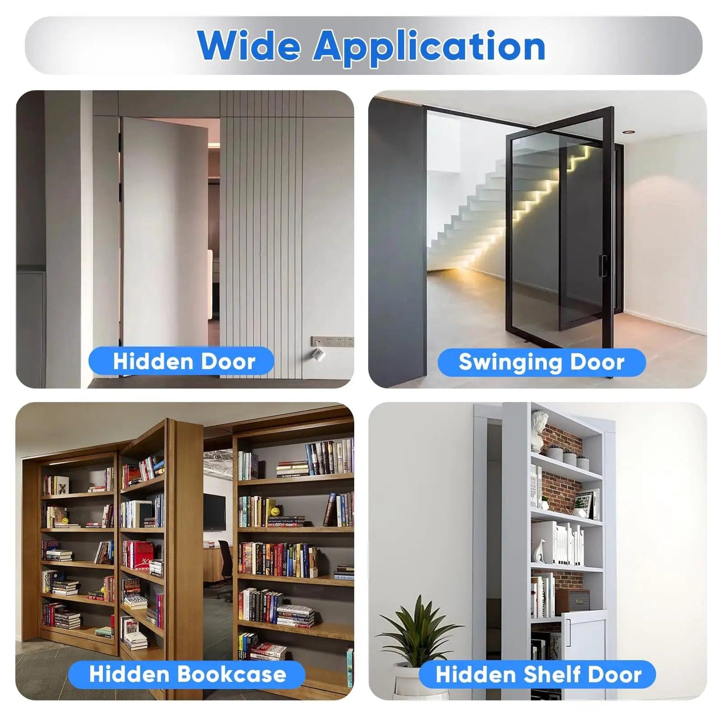 Collage of hidden door, swinging door, hidden bookcase, hidden shelf showing wide application of 2 Pack Stainless Steel Hidden Door Hinges With 360 Degree Rotation For Secret Doors Beefy Heavy Duty Pivot Hinges Ideal For Concealed Bookcase Doors Up To 600 Pounds Load Bearing Corrosion Resistant 304 Stainless