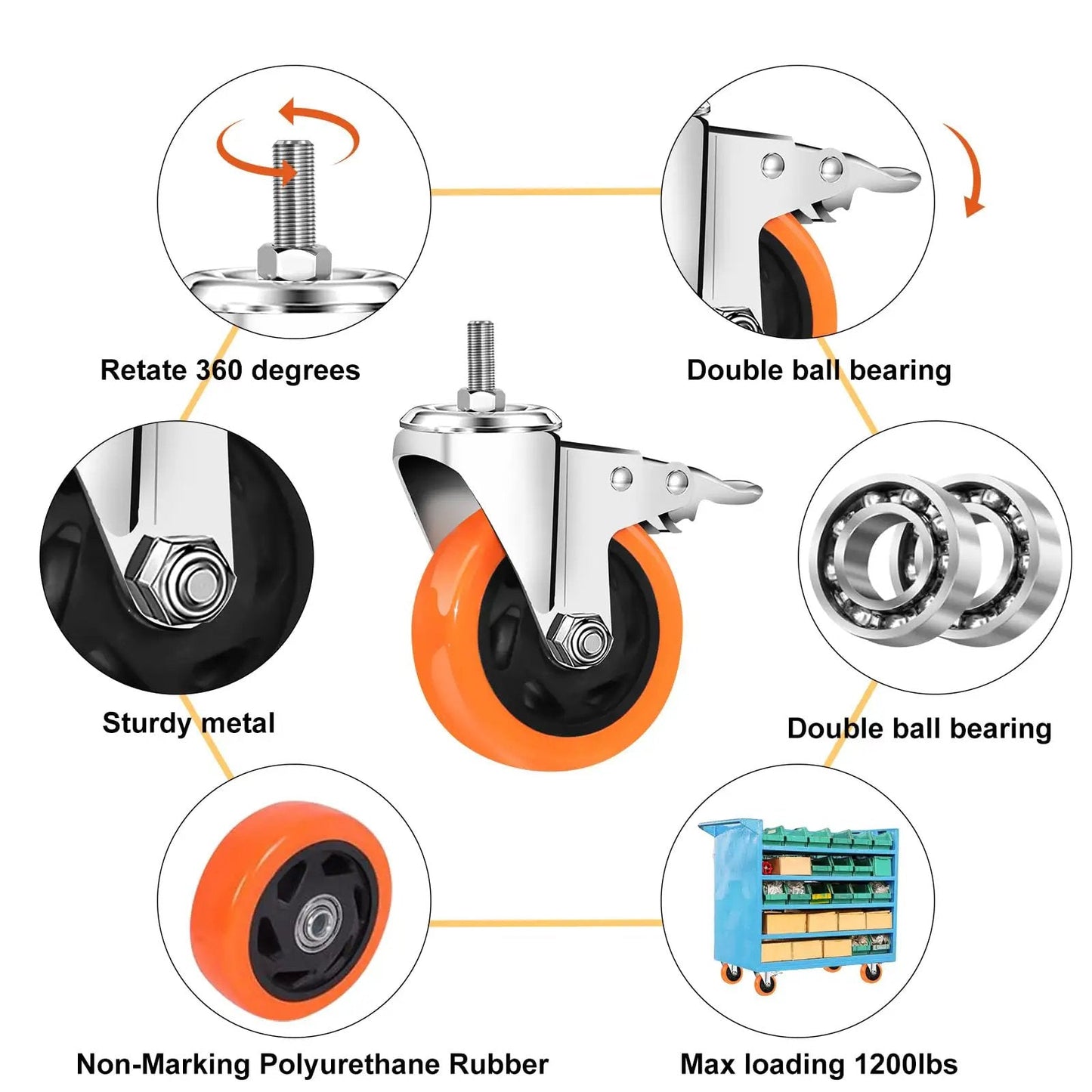 Heavy Duty Stem Casters Swivel Wheels With Threaded Stem Three Eighths Inch By Sixteen Threads By One Inch Thread Dual Locking Brakes Set Of Four For Industrial Machines Tools And Heavy Equipment Mobile Caster Kit with orange polyurethane wheels and metal frame.