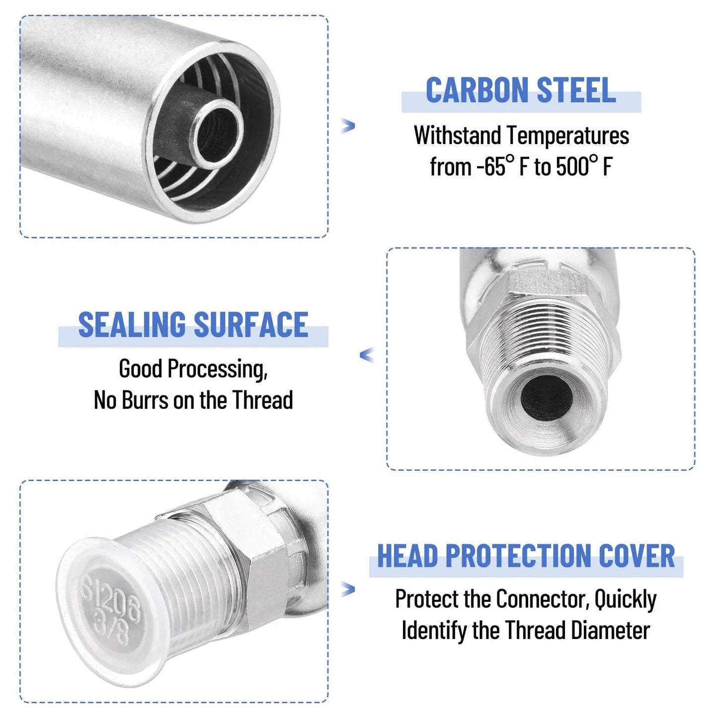 Close-up of Twelve Pack Hydraulic Hose Fittings Set By Racewill For Three Eighths Inch Inner Diameter Hose With Three Eighths Inch NPTF Male Threads And Protective Covers Crimp Fitting Kit Compatible With Weatherhead Eaton Dayco U Series, showing carbon steel material, sealing surface, and head protection cover.