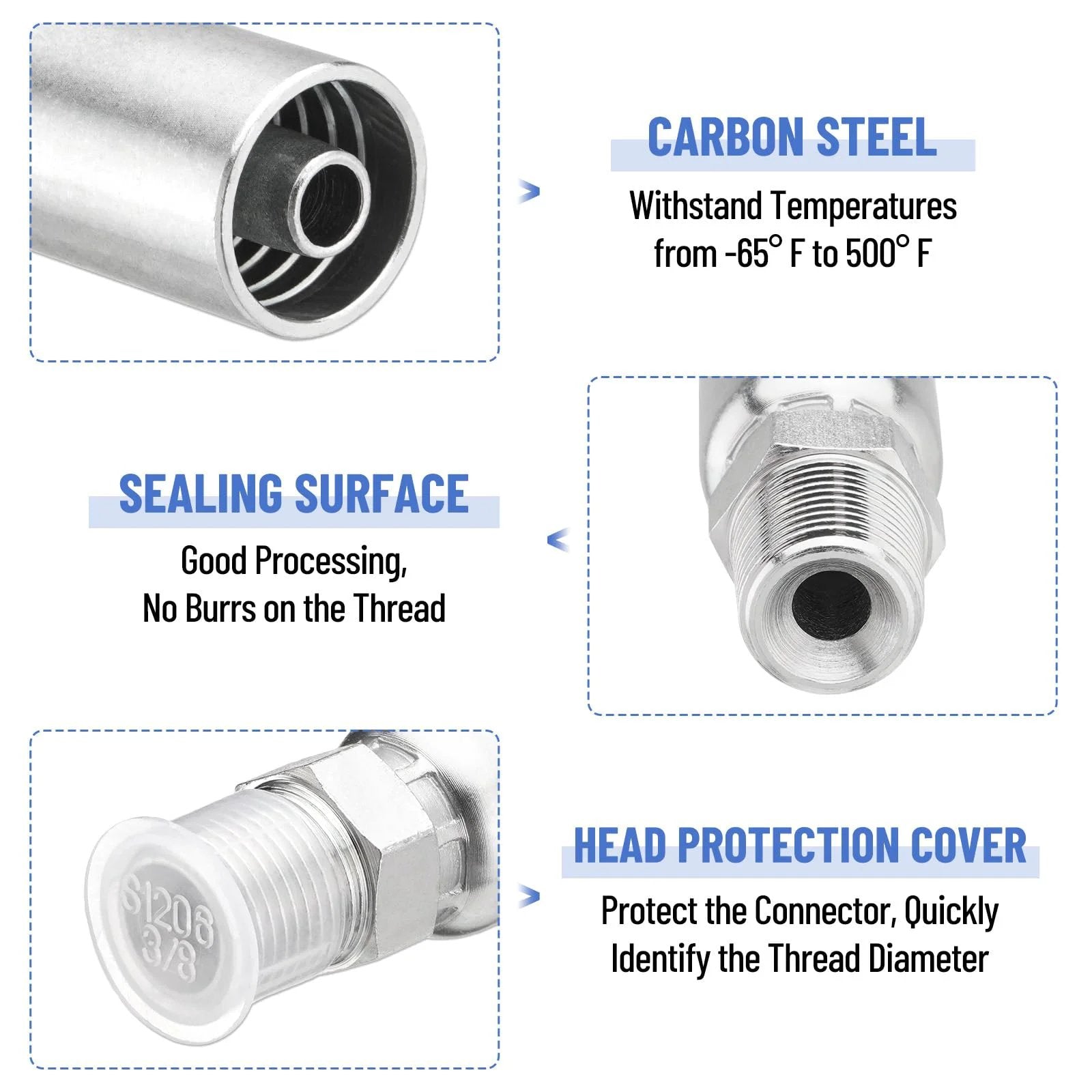 Close-up of Twelve Pack Hydraulic Hose Fittings Set By Racewill For Three Eighths Inch Inner Diameter Hose With Three Eighths Inch NPTF Male Threads And Protective Covers Crimp Fitting Kit Compatible With Weatherhead Eaton Dayco U Series, showing carbon steel material, sealing surface, and head protection cover.