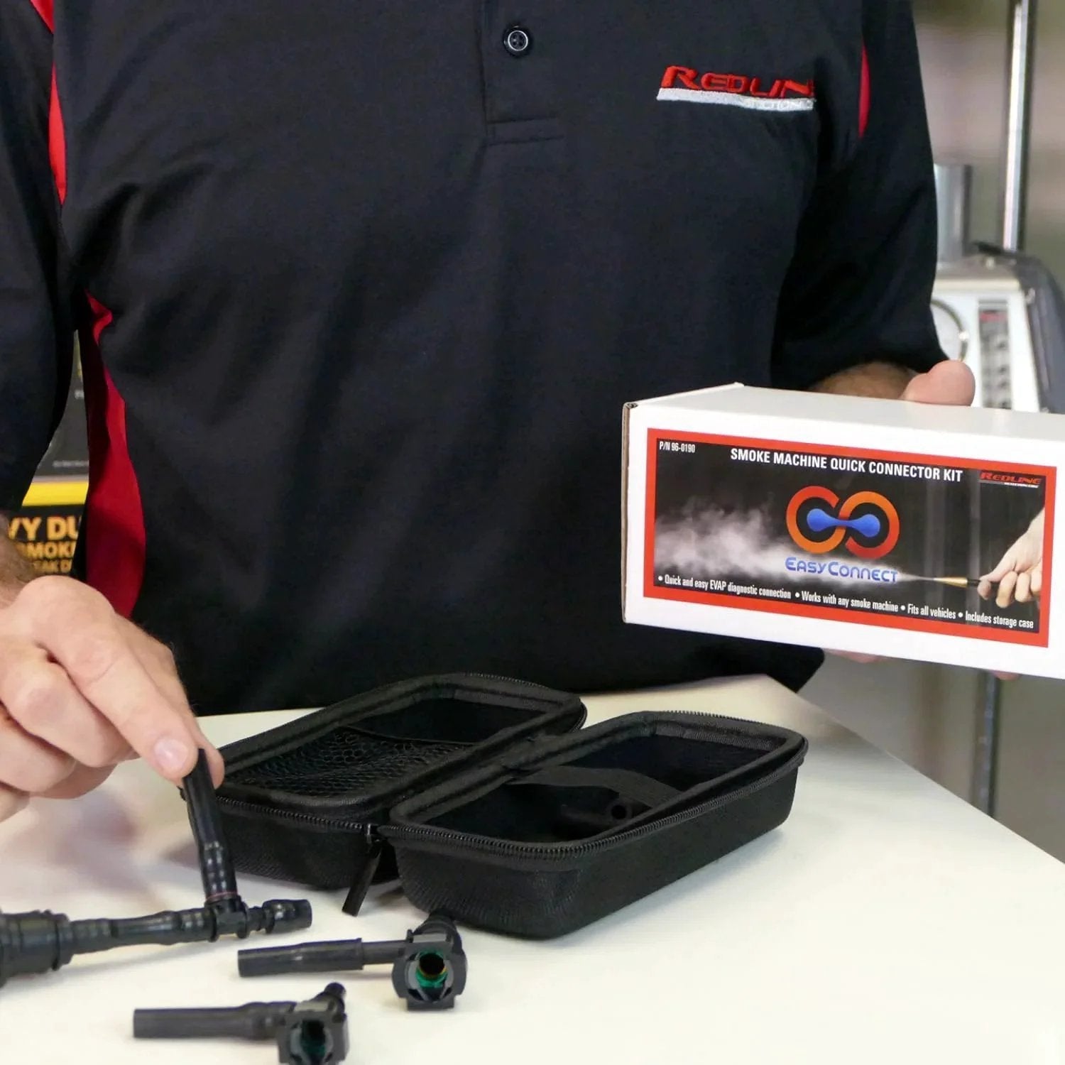 Universal EVAP System Leak Detection Kit For Any Automotive Smoke Machine, Pro Grade Tool shown with case and adapters