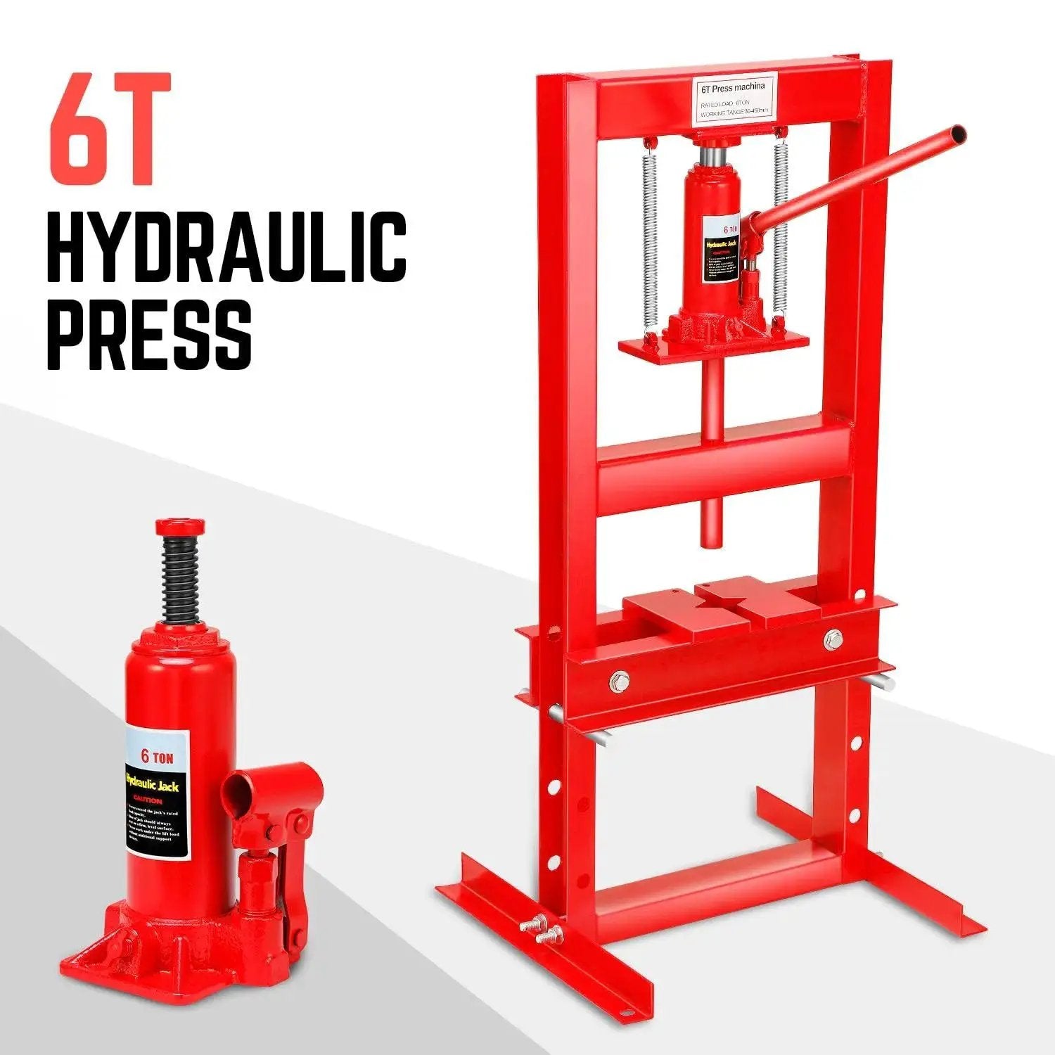 6 Ton Hydraulic Shop Press With H Frame Floor Model for auto and metalwork, heavy duty steel, includes bottle jack and adjustable range.