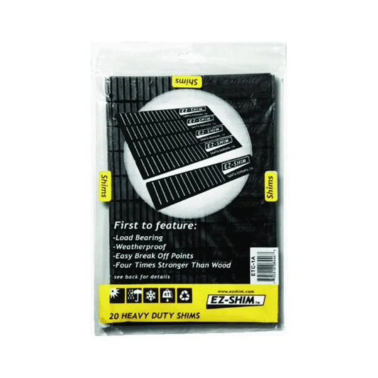 Heavy Duty Plastic Shims 7.9 Inch Black, 6 Sheets With 10 Shims Each, Never Splits Or Warps, 4X Stronger Than Wood, Recycled Material, Easy To Nail, Built Tough For Leveling And Spacing pack of shims in clear packaging.