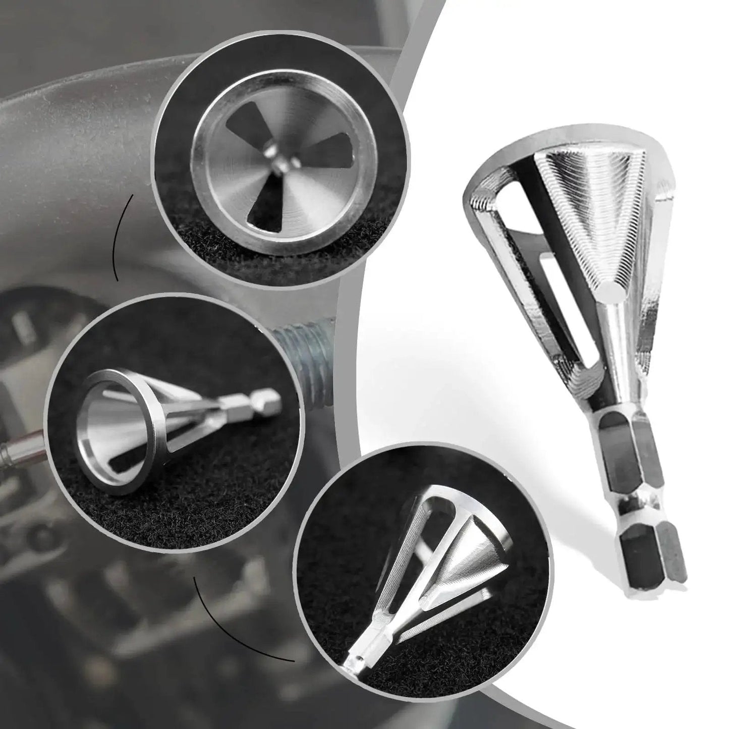Close-up of Deburring Chamfer Tool With Hexagonal Handle And Six Slots For Burr Removal And Edge Beveling On Metal Plastic Wood