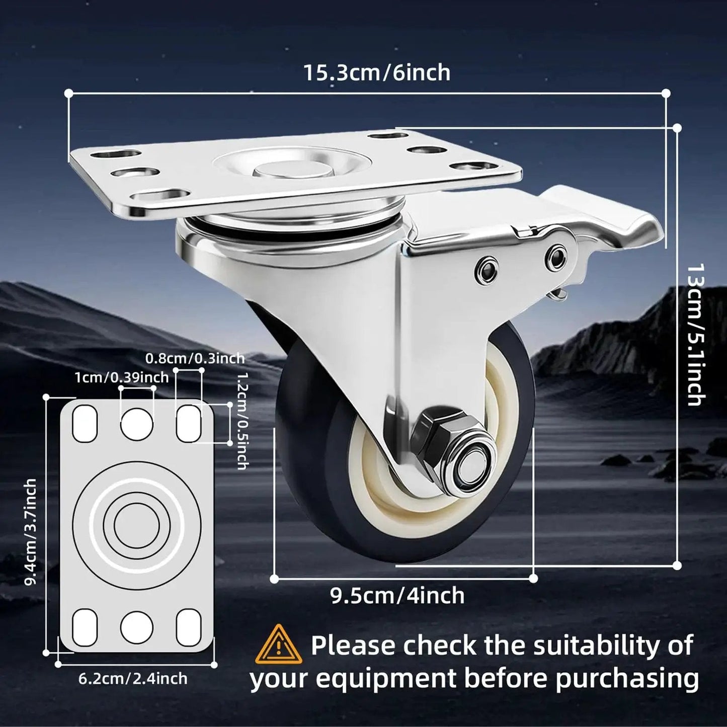 4 Inch Caster Wheels Set Of 4 Rust Proof 304 Stainless Steel Heavy Duty Casters For Furniture Labs Hospitals Restaurants Industrial Outdoor Anti Corrosion Industrial Castors With 360 Degree Swivel And 2100 Lbs Load Capacity, side view with dimensions