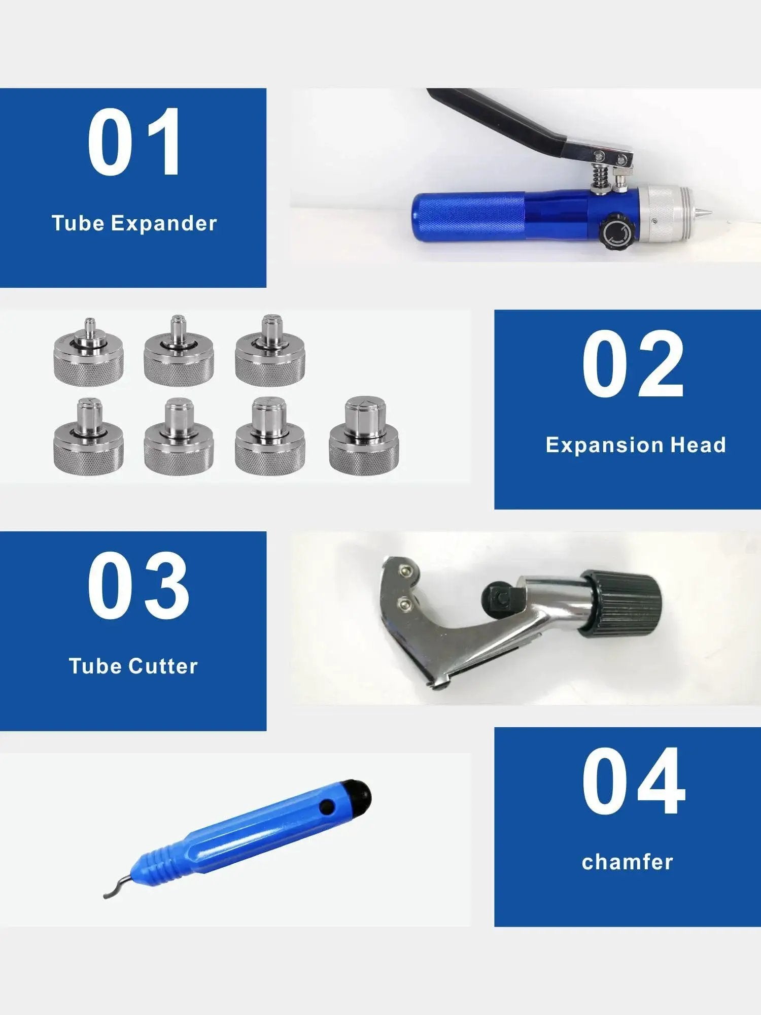 Hydraulic Tube Expander Kit For Copper Pipes 3/8 To 1-1/8 Inches With 7 Expander Heads Built In Tube Cutter And Deburring Tool