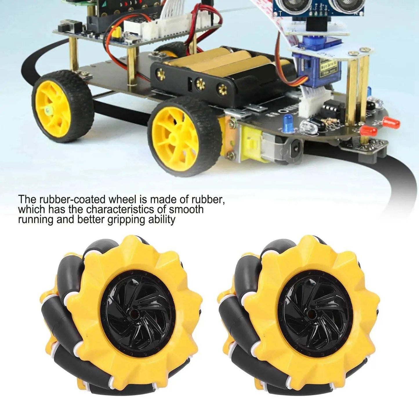80mm Mecanum Wheel Omnidirectional Robot Car Parts For DIY Projects Two Pack, showing rubber-coated rollers for smooth rotation.