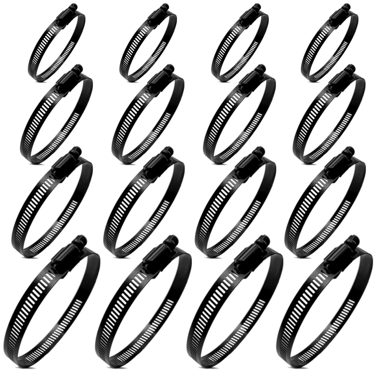 Go-To Heavy Duty Stainless Steel Hose Clamp Set For DIYers, 16-Piece Assortment In 4 Sizes 14-102mm black coated clamps
