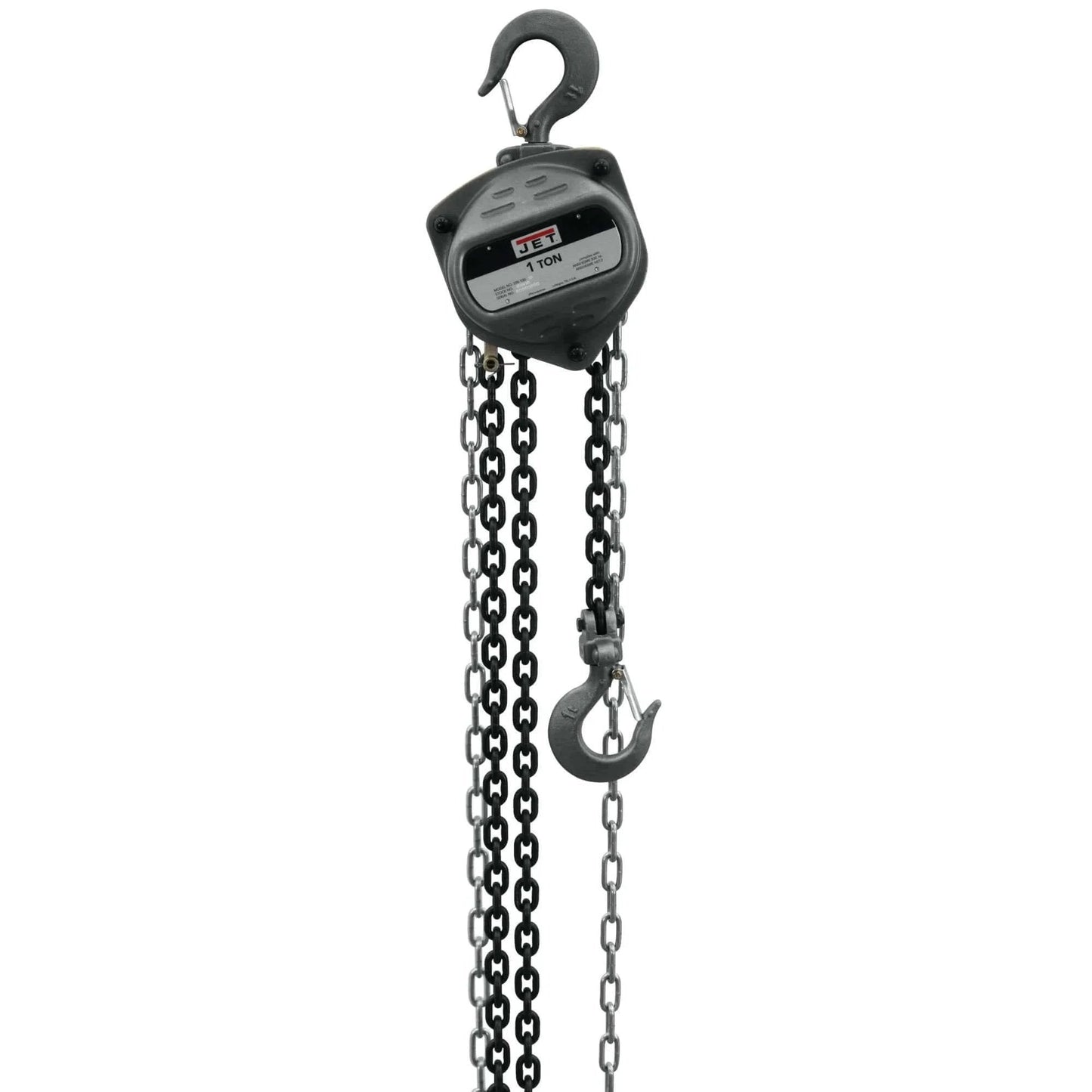 1 Ton Hand Chain Hoist For 10 Foot Lift Model S90 100 10 Gray with industrial rated alloy steel hooks and corrosion resistant bearings