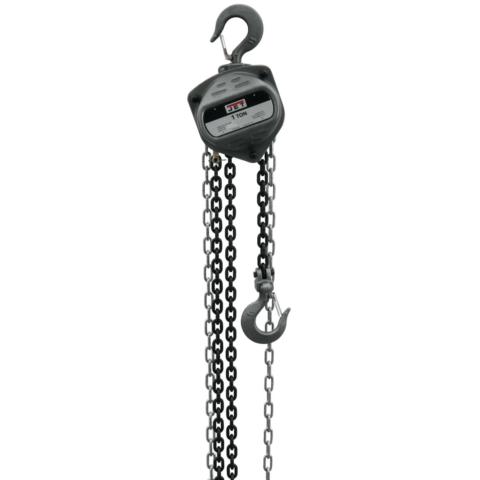 1 Ton Hand Chain Hoist For 10 Foot Lift Model S90 100 10 Gray with industrial rated alloy steel hooks and corrosion resistant bearings