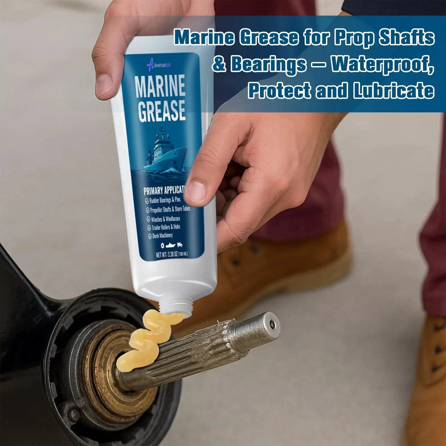 Person applying Premium Marine Grade Grease Two Pack For Boat Maintenance, 200 Ml Tubes, Waterproof High Temp Bearing Lubricant For Propeller Shafts