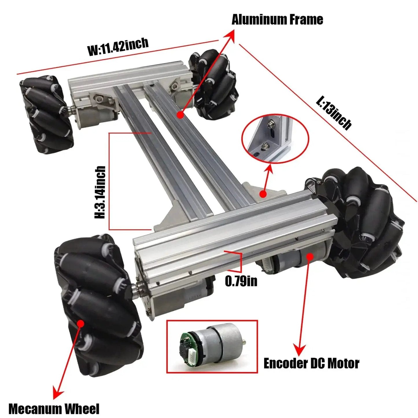 Professional 4WD Metal Robot Car Chassis Kit With 97mm Mecanum Wheels, showing aluminum frame and encoder DC motor