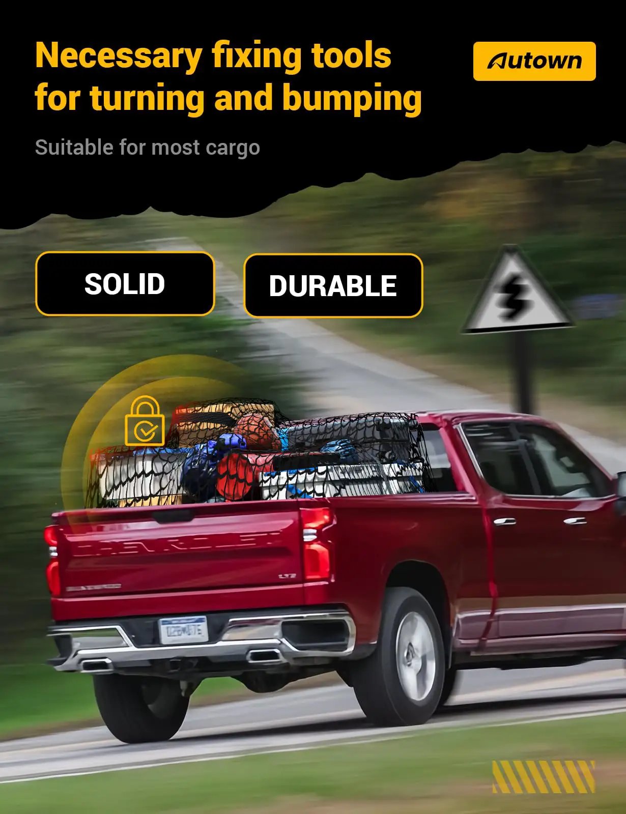 Red pickup truck driving with a Stretchable Cargo Net for Pickup Truck Bed 4x4 to 7x7 With 1x1 Fine Mesh and 8 Carabiners securing cargo.