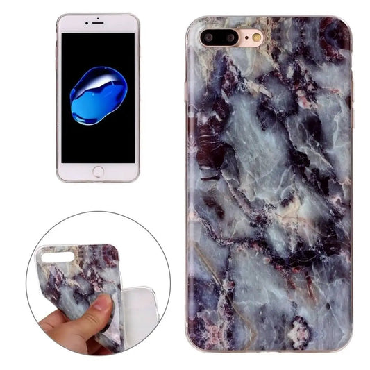Marble-patterned phone case for iPhone 7 Plus with image of phone screen and close-up of soft TPU material design.