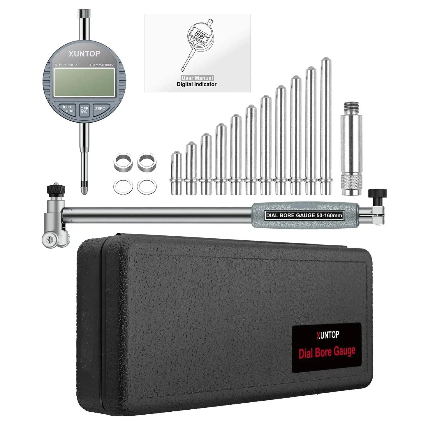 Digital Bore Gauge Set 2-6 Inch Range 50-160mm With LCD Display, multiple probes and case, for machining and automotive use.