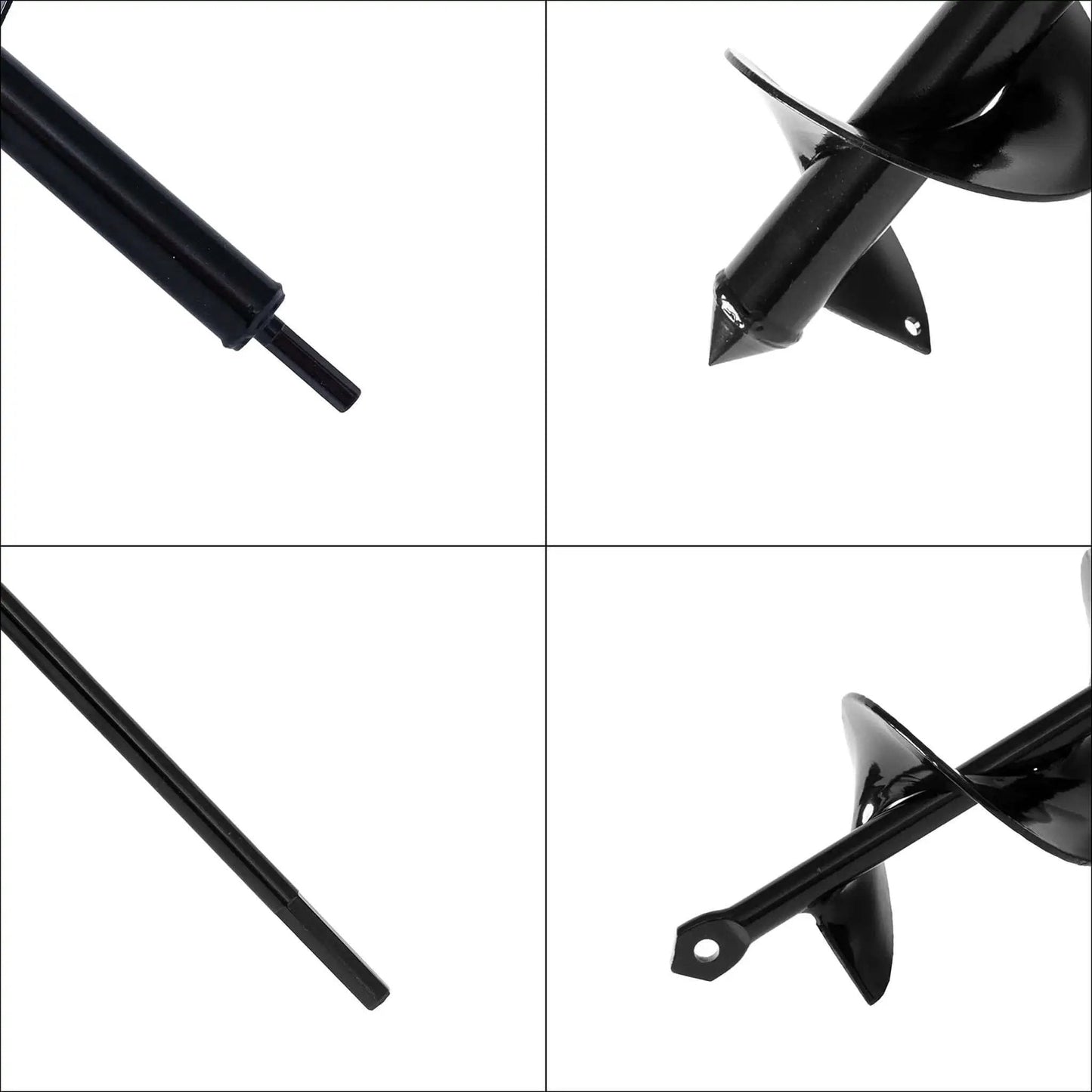 Set Of 4 Bulb Planting Auger Bits For Drill Three Eighths Inch Hex Drive showing different angles and details of auger heads
