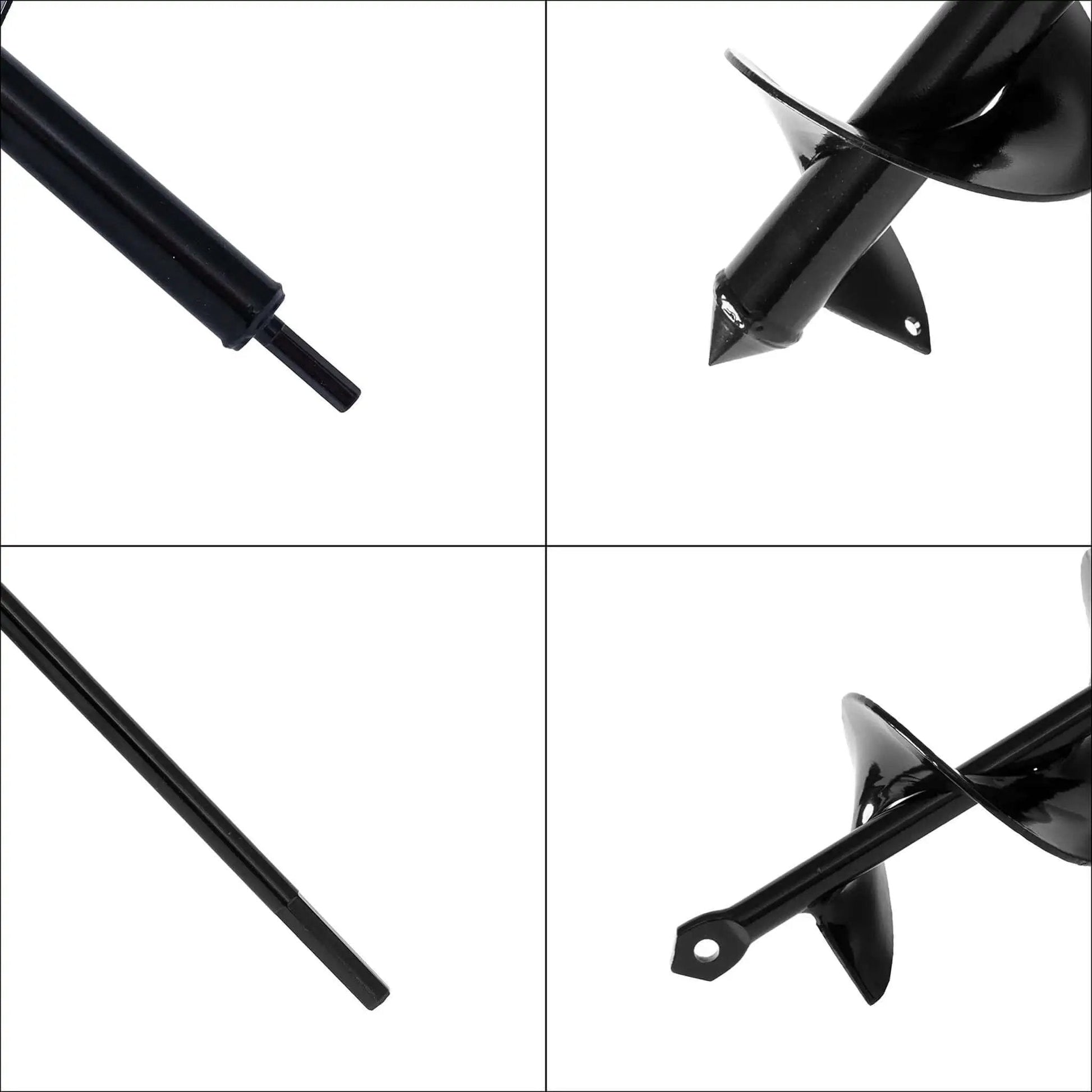 Set Of 4 Bulb Planting Auger Bits For Drill Three Eighths Inch Hex Drive showing different angles and details of auger heads