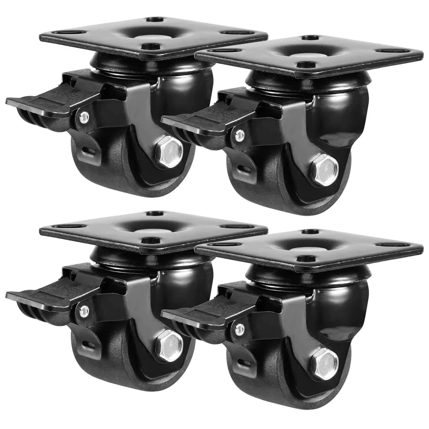 Set of 4 heavy duty 2-inch plate swivel caster wheels with brakes, black nylon, 2200 lbs load capacity, front view.