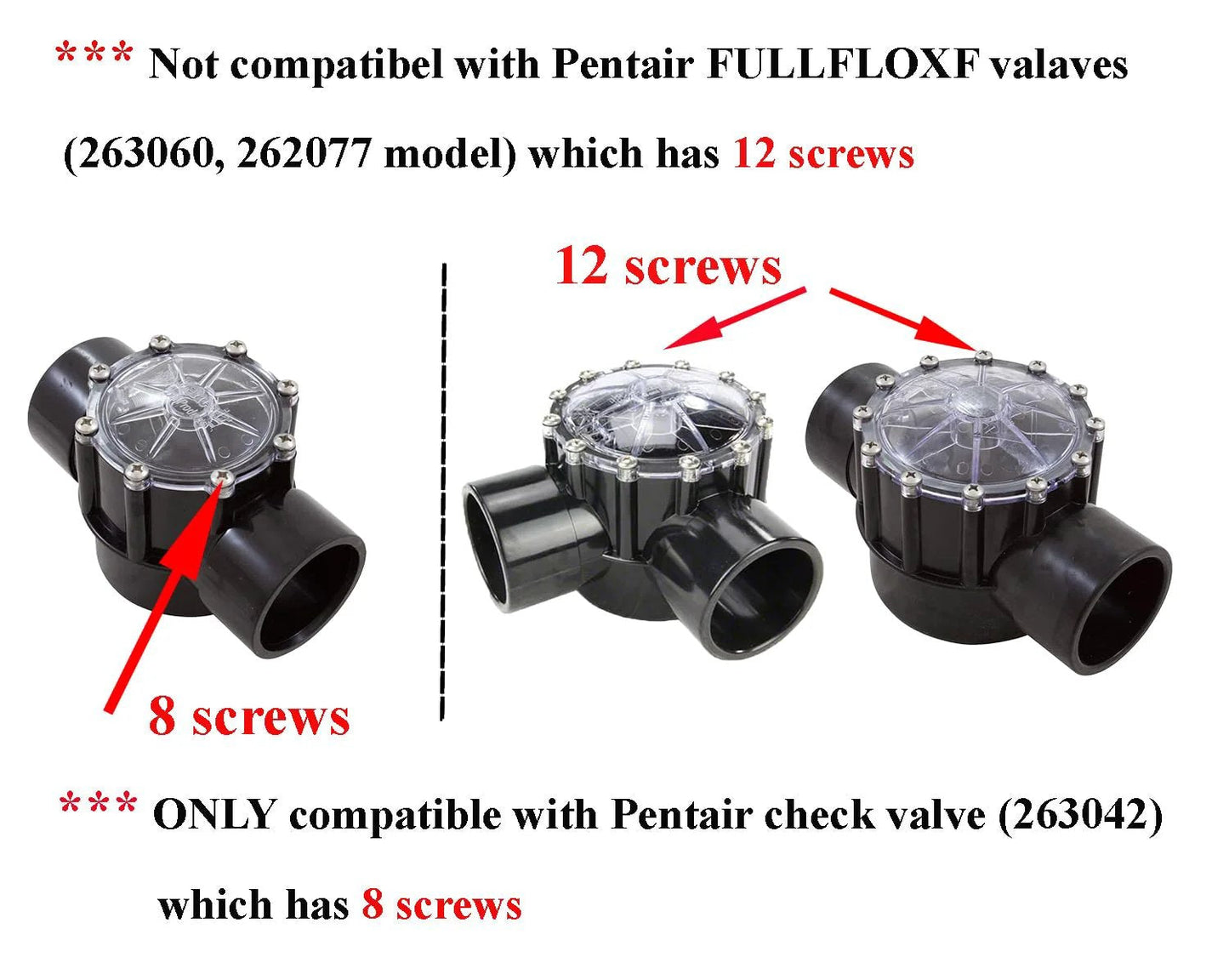 Comparison of Pentair 263042 and FULLFLOXF check valves, highlighting 8 screws on 263042 with Upgraded Pool Check Valve Rebuild Kit ATIE.