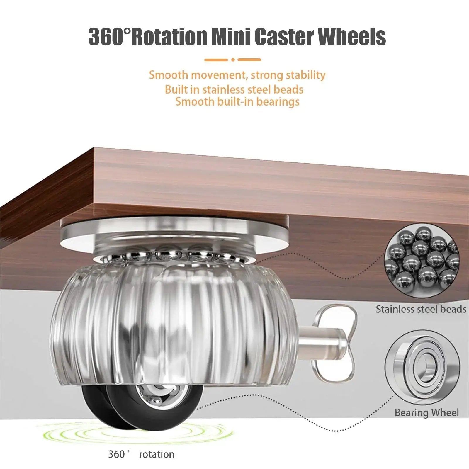 Close-up of self adhesive caster wheel installation with stainless steel beads, showing 360-degree swivel design and brake feature.