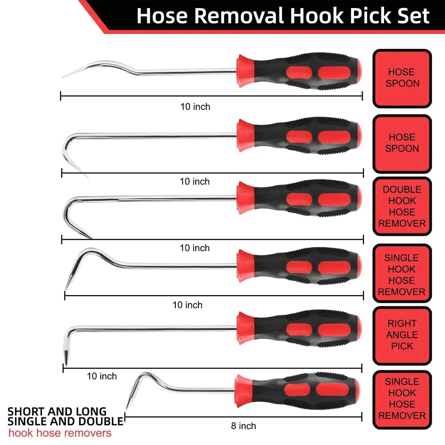 Hose Removal Hook Set 6 Pack for Radiator Hoses 10in and 8in Puller Tools with various hook designs displayed.